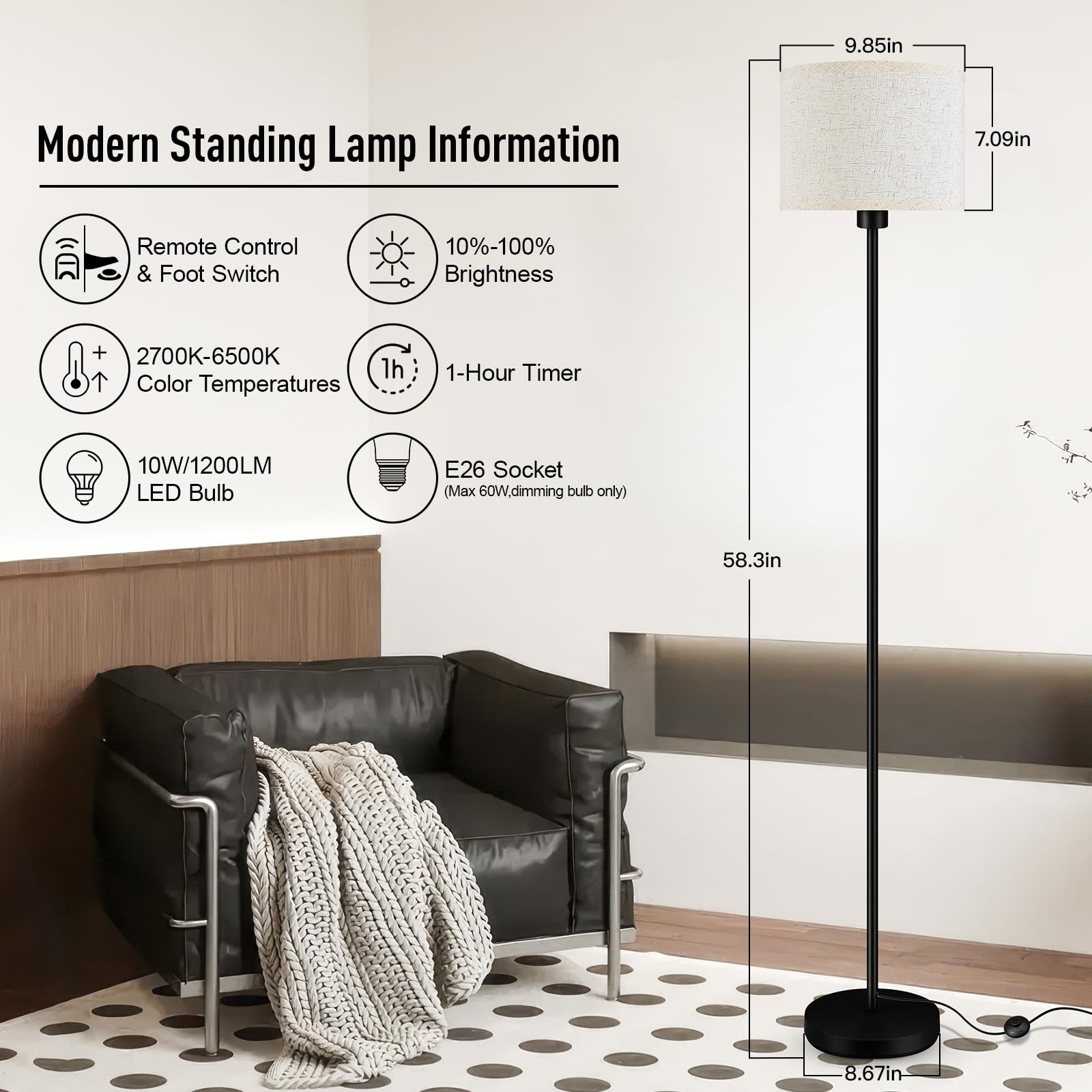 Floor Lamps For Living Room, Stepless Dimmable Floor Lamp With Remote, 2700K-6500K Colors Temperature & Brightness Adjustable,10