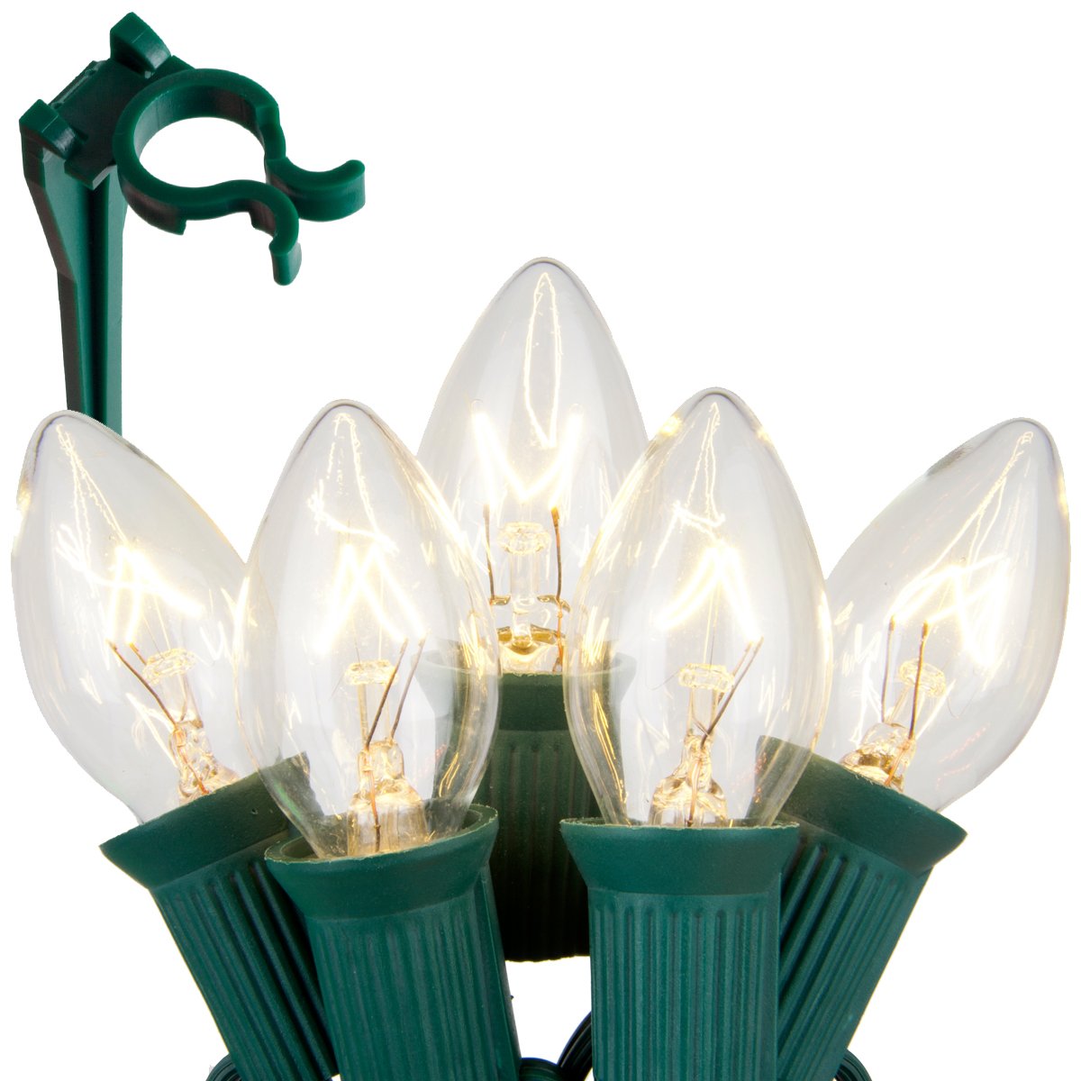 Wintergreen Lighting C7 Christmas Pathway Lights, 100 Ft, Clear Glass Bulbs, Green Wire, 7.5” Stakes