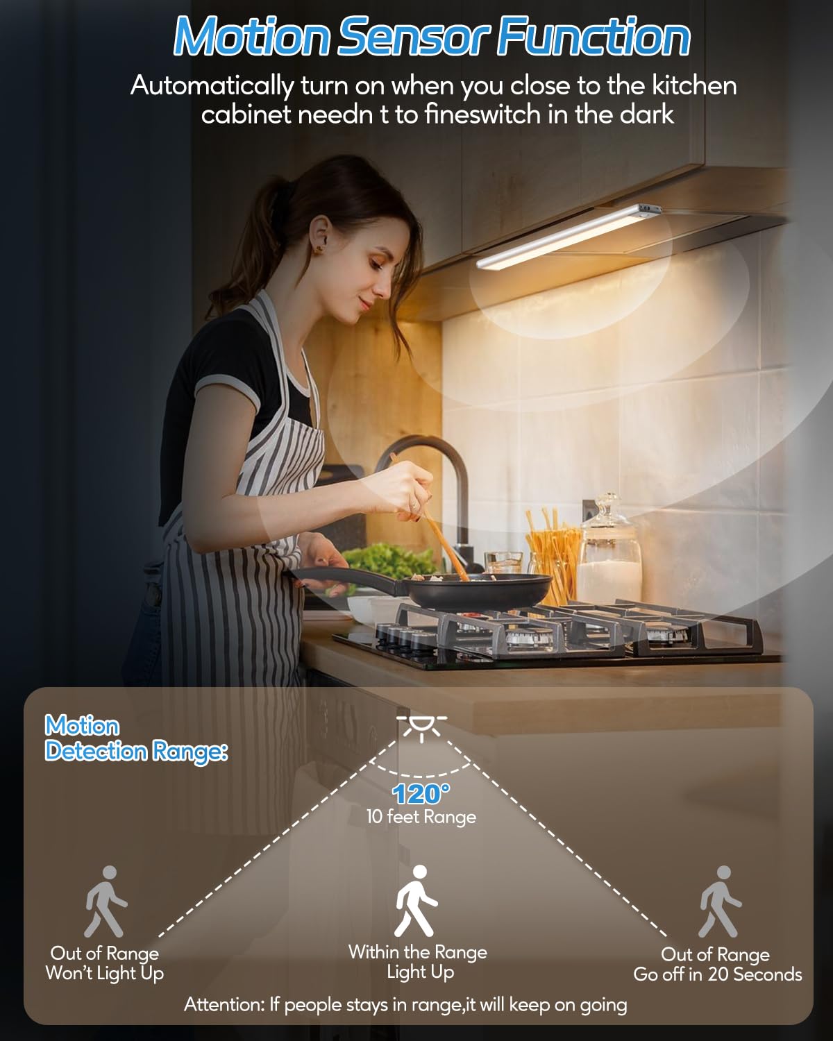 HIBOITEC LED Under Cabinet Lighting - 60 LEDs, Stepless Dimming, Motion Sensor, Plastic/Aluminum, 12.6inch, 2 Pack