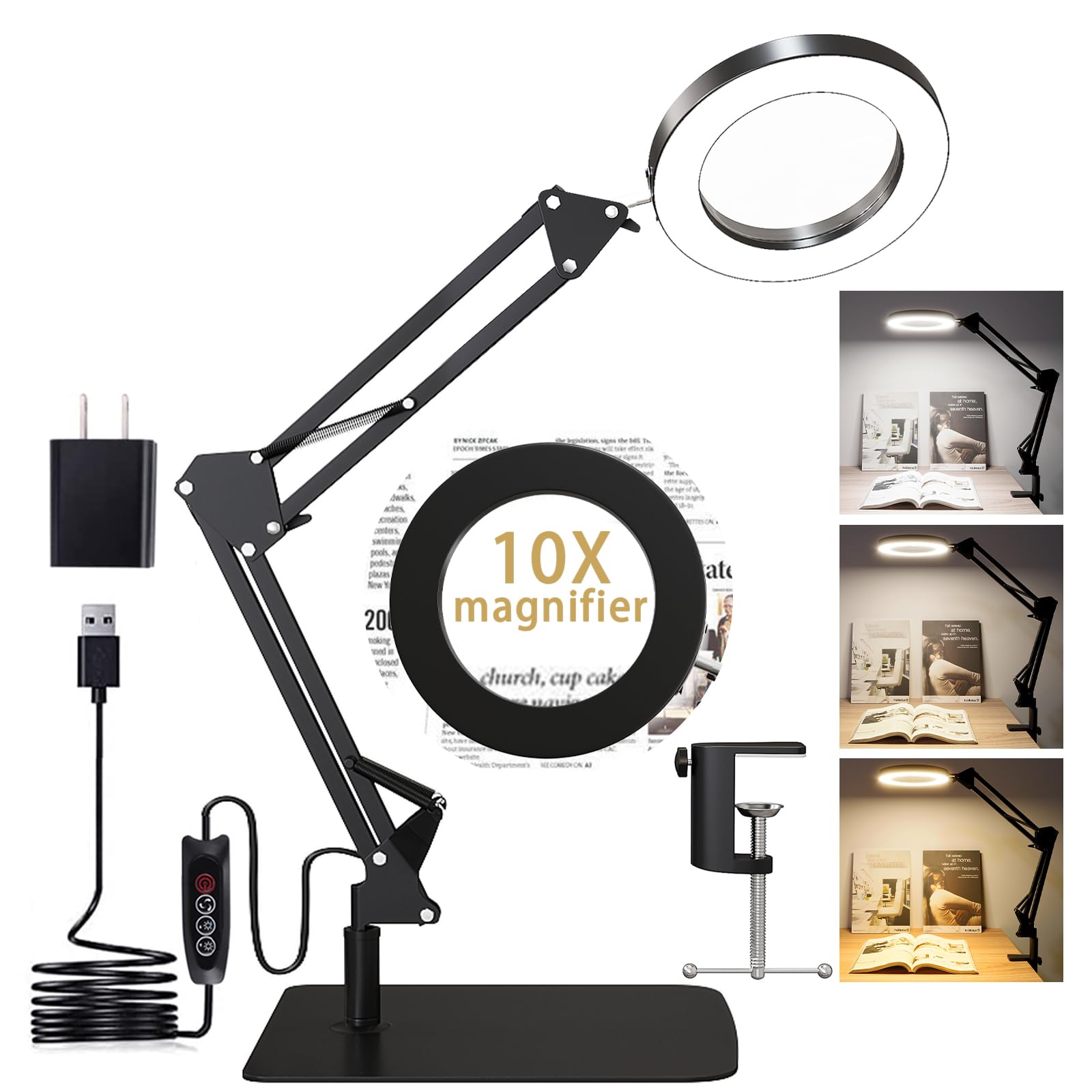10X Magnifying Glass with Light and Stand, Real Glass 2-in-1 Desk Lamp & Clamp, Craft Light Lamp with 3 Color Modes, LED Lighted
