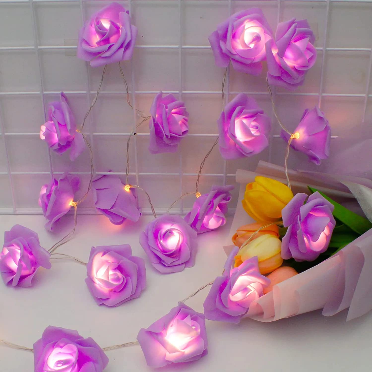 Vipmoon Led Rose Flower String Lights, Purple Indoor Fairy String Lights For Bedroom 2M/6.6Ft 20 Led For Valentine'S Day Birthday Party Christmas Wedding Patio Yard Decoration, Battery Operated