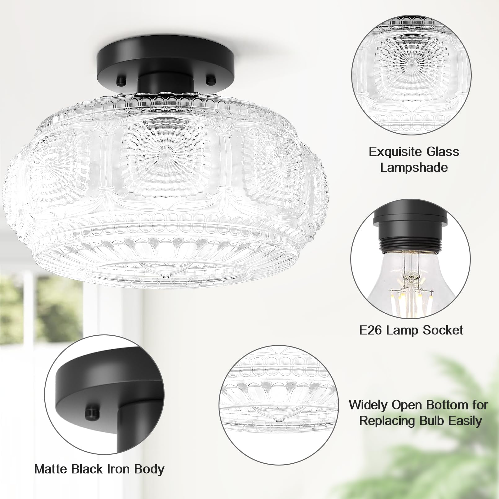 Oykyohei Semi Flush Mount Ceiling Light, Upgraded Larger Black Glass Ceiling Light Fixture, Vintage Lighting For Hallway Kitchen
