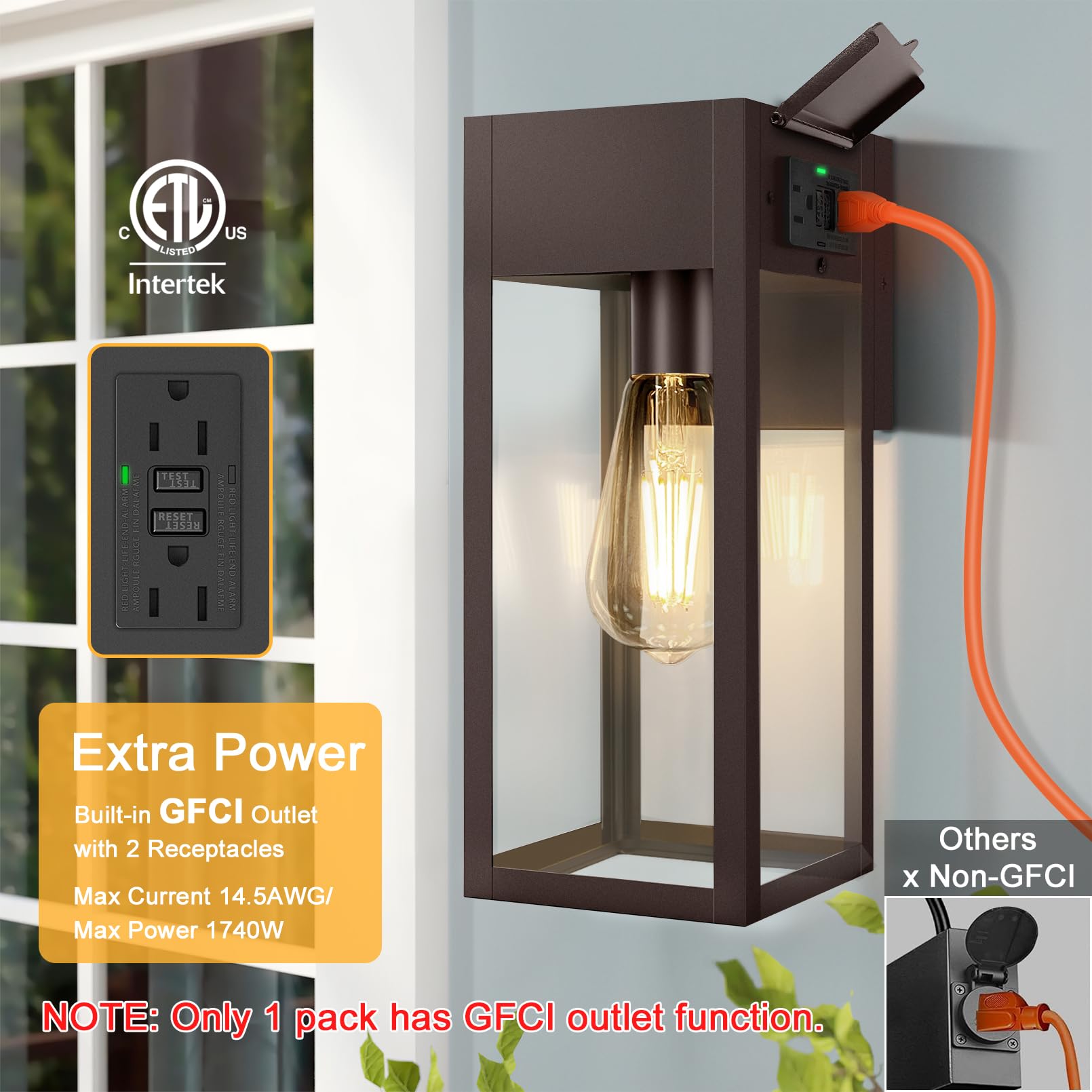 OYKYOHEI Outdoor Wall Sconce Lights, Waterproof Metal Lantern with GFCI Outlet, Oil Rubbed Bronze, No Sensor, 2 Pack