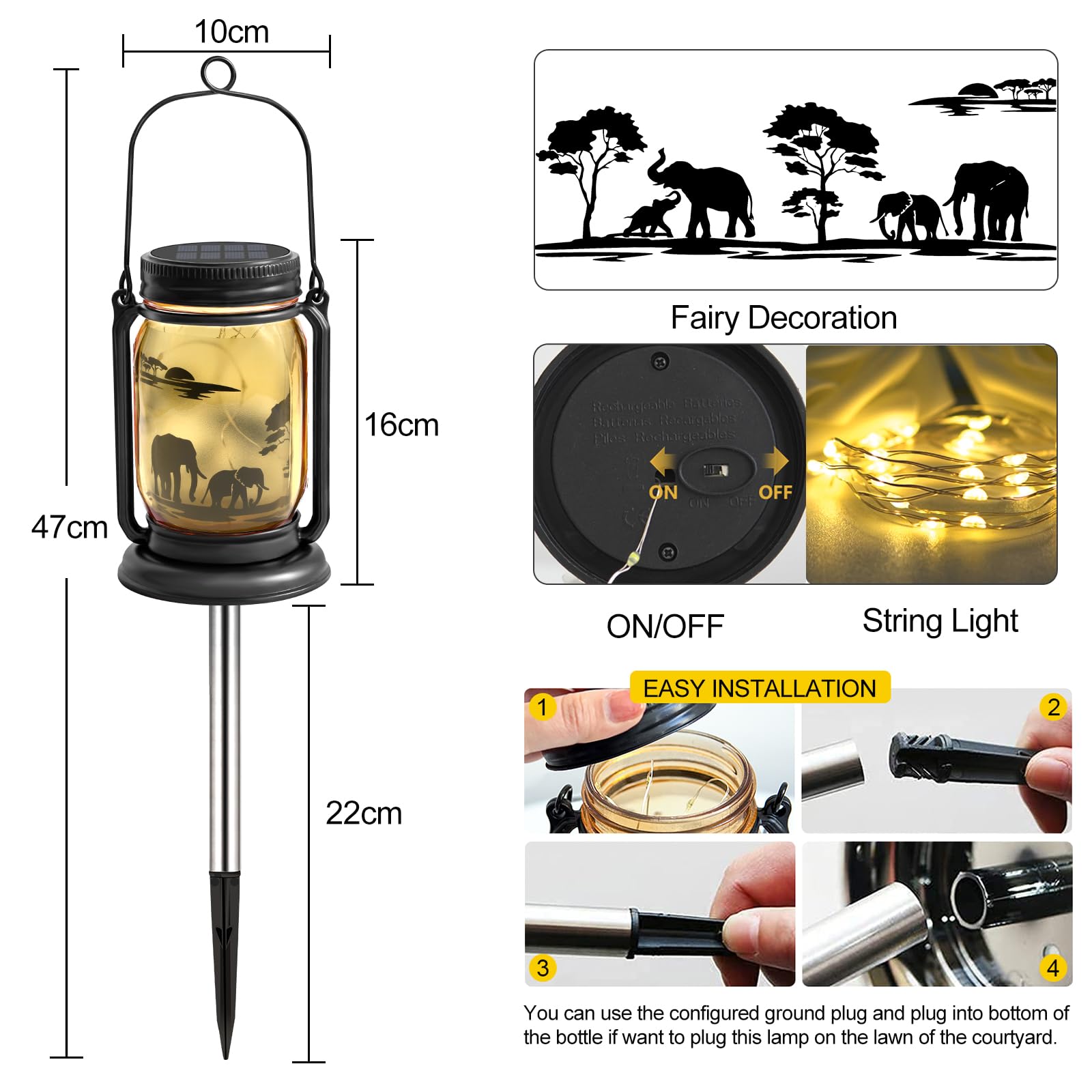 Yjfwal 2 Pack Outdoor Hanging Solar Lanterns, Elephants Theme Vintage Glass Mason Jar Solar Fairy Lights, Gifts For Mom, Grandma