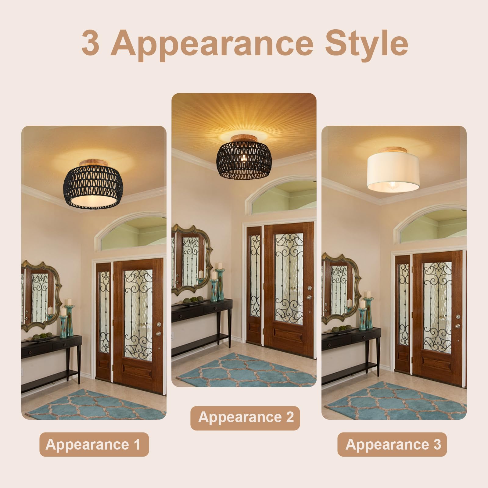 Alaislyc 2 Packs Boho Rattan Flush Mount Ceiling Lights 12 Inch Farmhouse Ceiling Light Fixtures Rustic Wicker Hand Woven Rope C