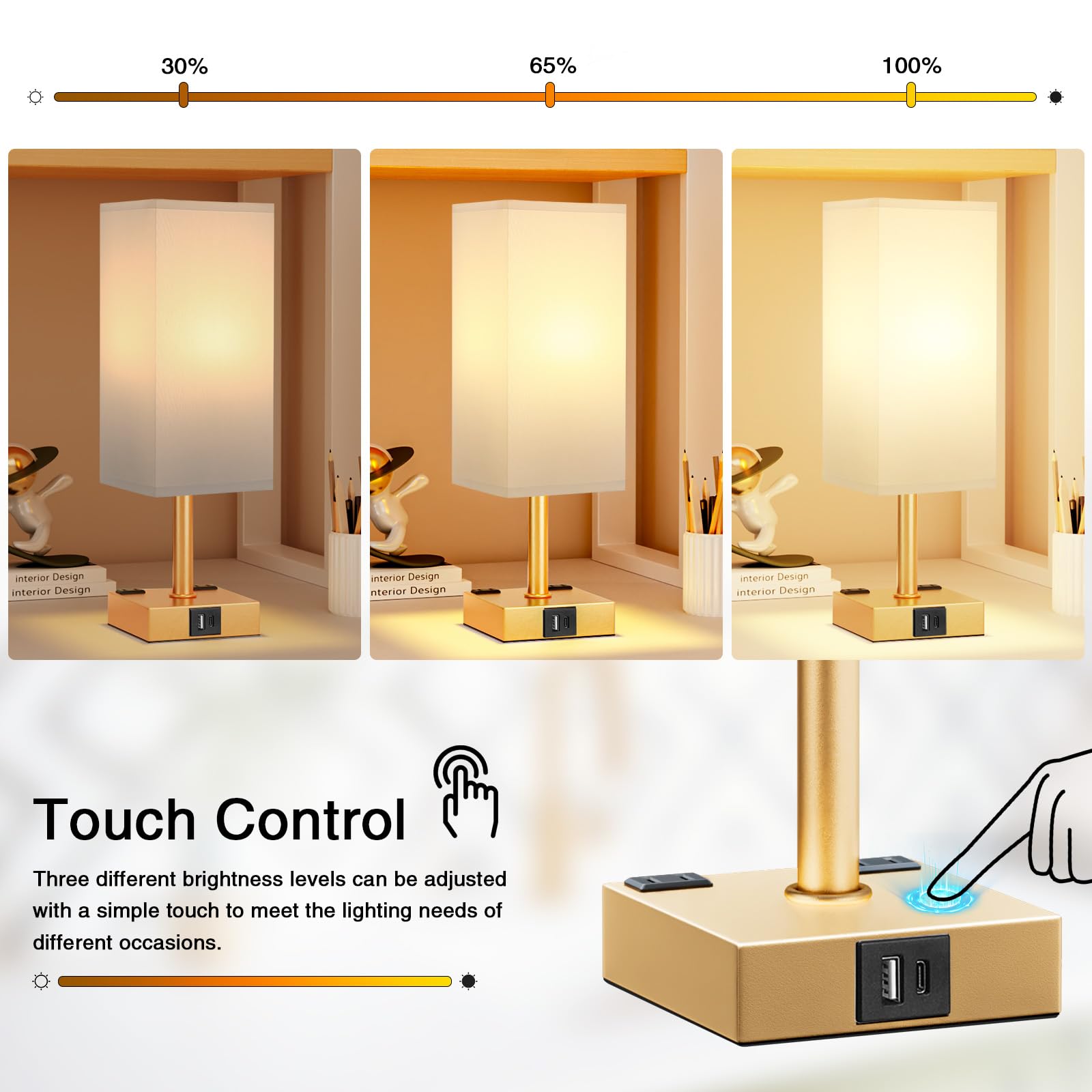 Gold White Touch Table Lamp - Bedside Lamp With Usb A + Type C Charging Ports And Two Ac Outlets, Small Night Stand With E26 Led