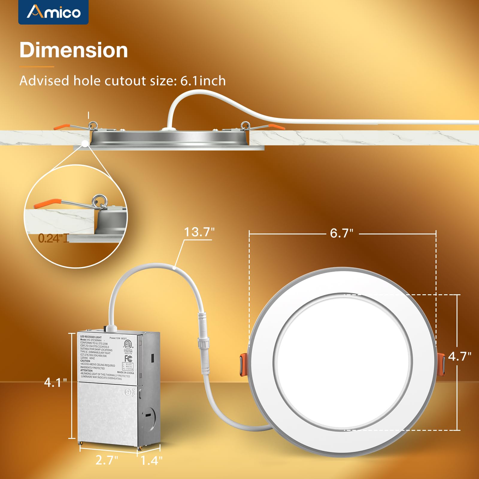 Amico 6 Pack 6 Inch 5Cct Led Recessed Ceiling Light With Double Ring Night Light, 2700-5000K Selectable Ultra-Thin Recessed Ligh