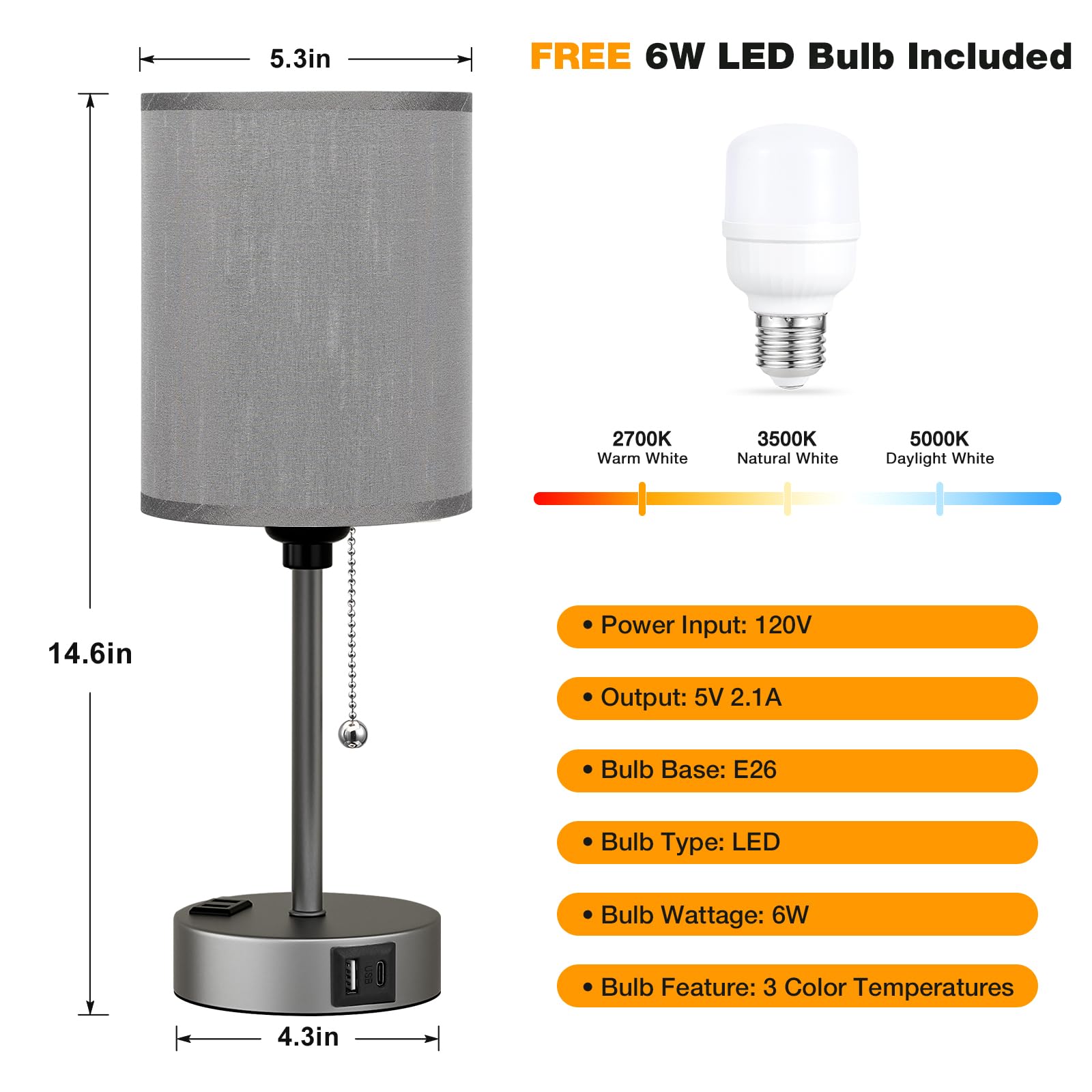 Dicoool Small Grey Bedside Table Lamp For Bedroom - 3 Color Temperatures Bedside Lamps With Usb C And A Ports, Pull Chain Table
