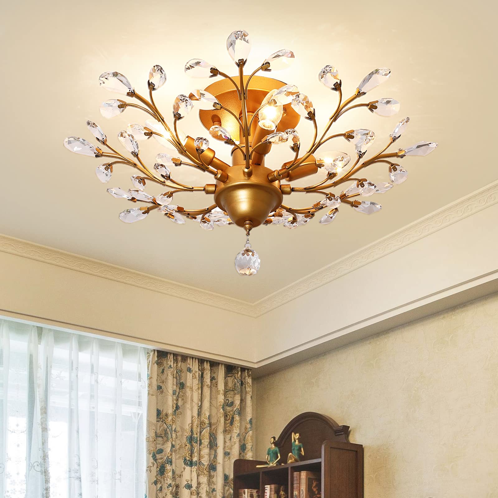 Garwarm 4-Light Vintage Crystal Chandelier, Gold Pendant Lighting for Living Room, Bedroom, Restaurant, Porch