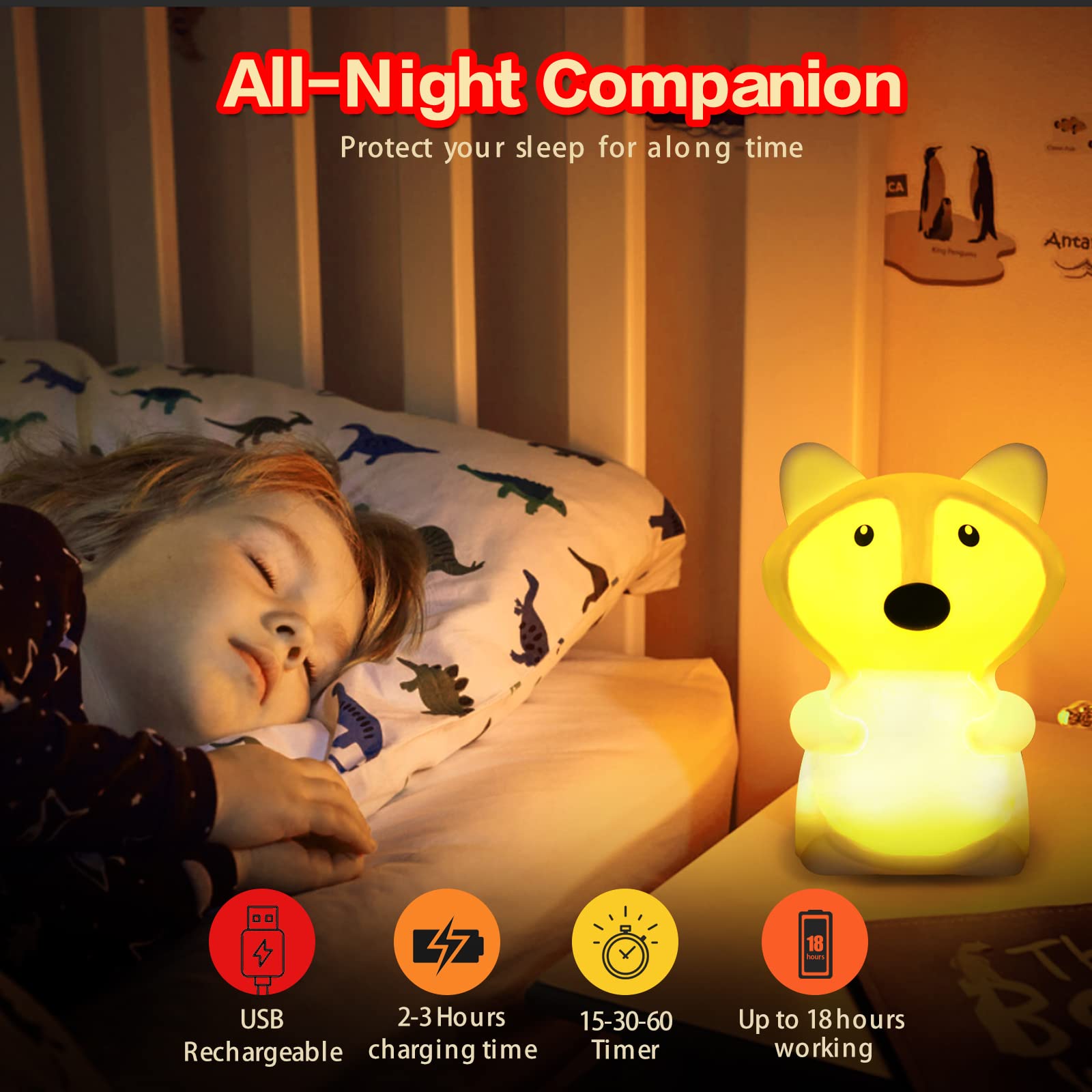 WHA&DARREN Fox Squishy Night Light for Babies & Kids, Nursery Light, Animal Shaped, Silicone Material