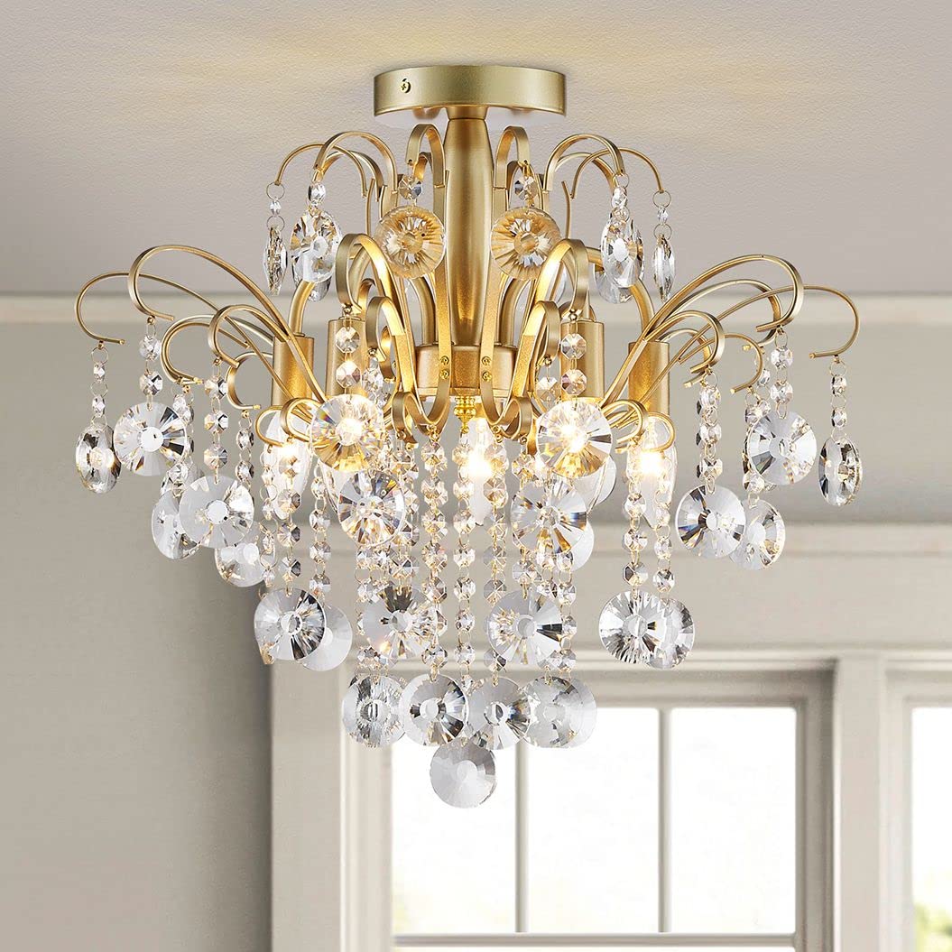 Wuzups Gold Crystal Chandelier Flushmount Ceiling Light, 17.5&quot; H X 19.3&quot; W, E12