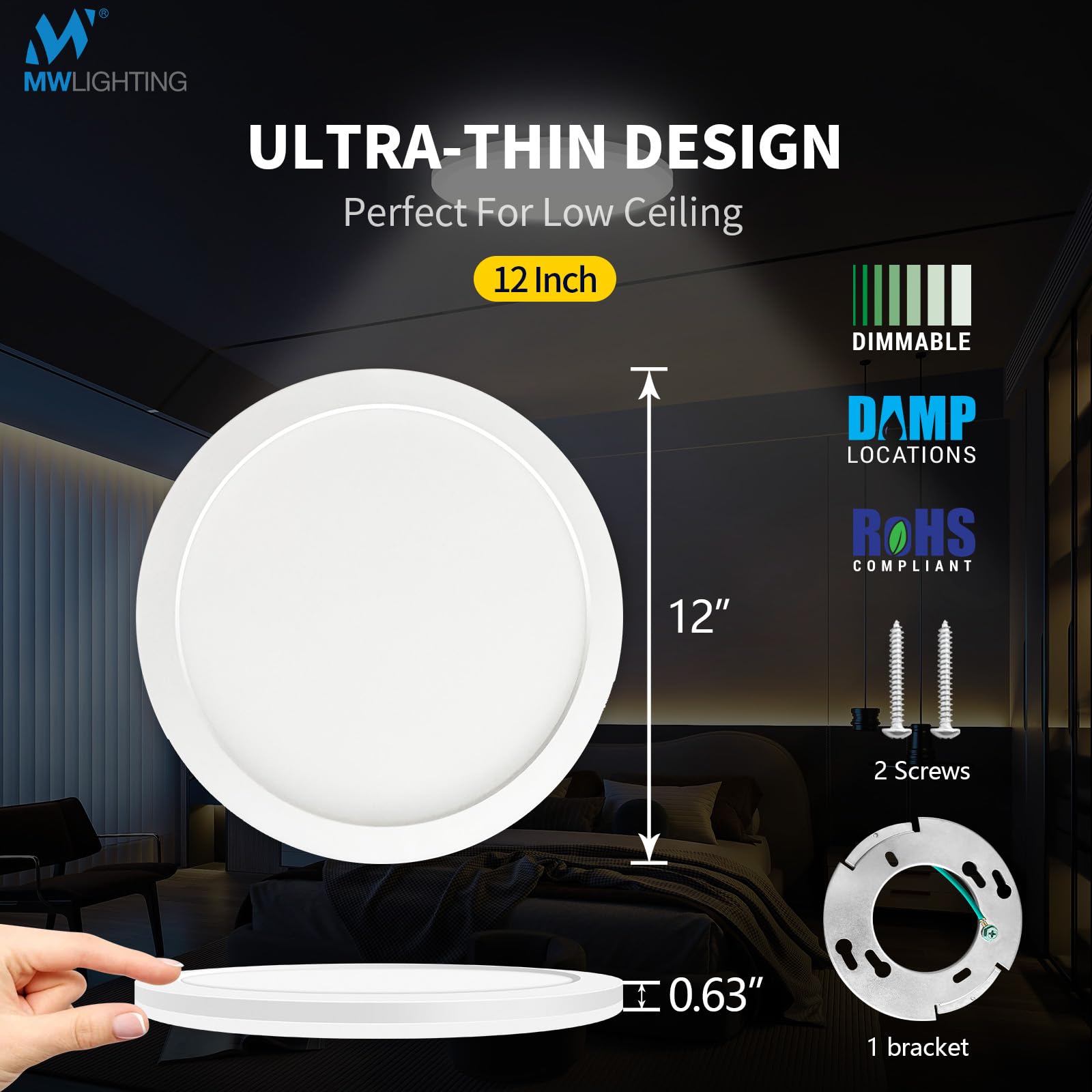 Mw 12 Inch Led Flush Mount Ceiling Light With Night Light,24W Eqv.80W, Wired (No Remote), 2700K/3000K/3500K/4000K/5000K, Etl,Cal