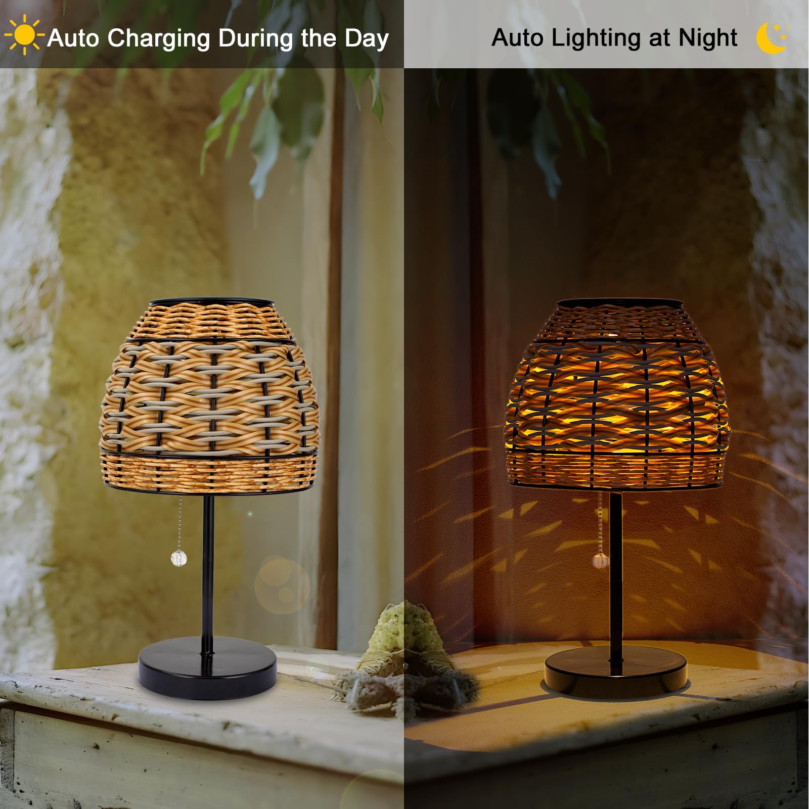 Livinlarge Outdoor Solar Table Lamp,3 Color Temperatures Bedside Lamps With Usb-C Ports,Boho Desk Lamps Pull Chain Table Lamps W