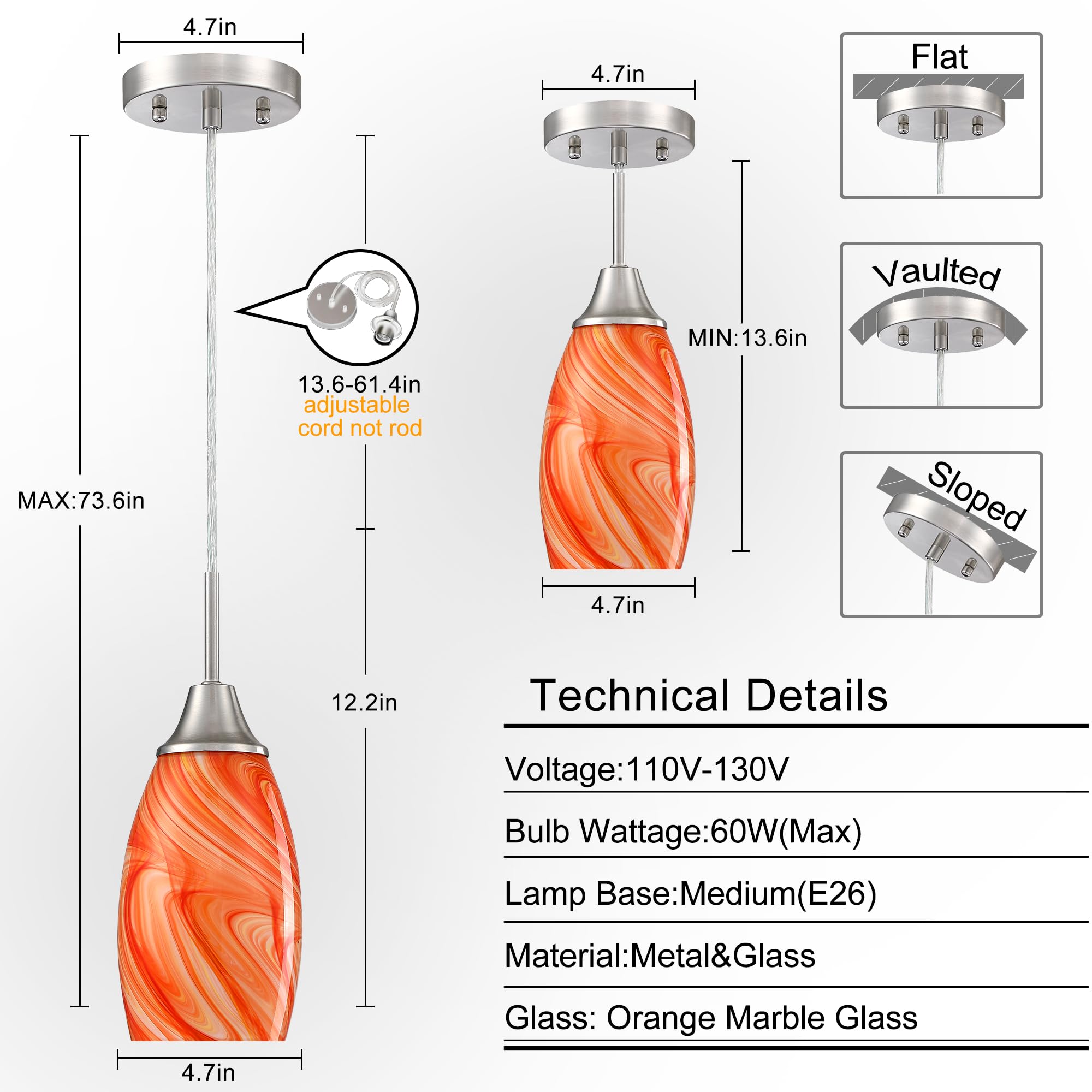 Viinew Mini Glass Pendant Light 1-Pack With Handblown Orange Marble Art Oval Glass Lamp Ceiling Hanging Light, For Dining Room,K