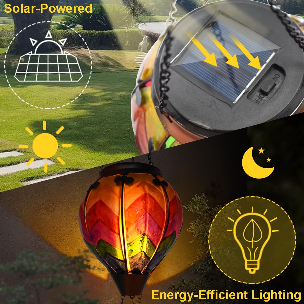 OUISJYER Hot Air Balloon Solar Lantern with Flickering Flame Hanging Solar Lanterns Outdoor Lights Waterproof Lanterns Decorativ
