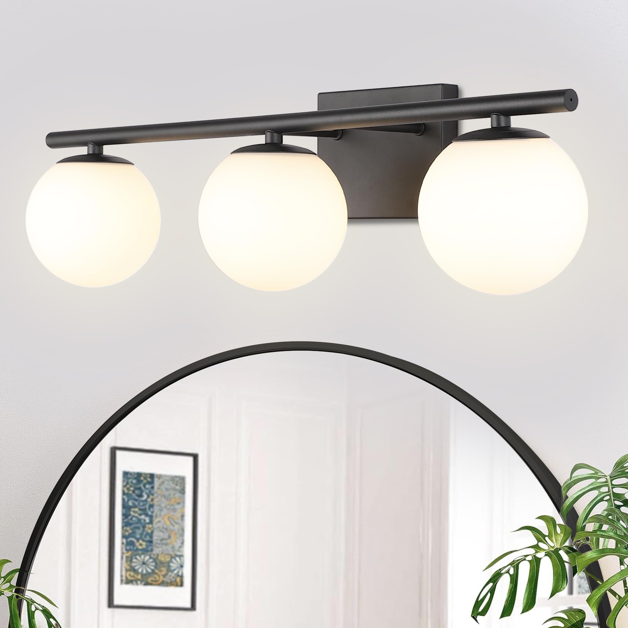 YHTlaeh Bathroom Vanity Light Fixture, Brushed Bronze, 3-Light, 24-Inch, G9, Milk White Globe Glass Shade, Modern Wall Sconce, Black