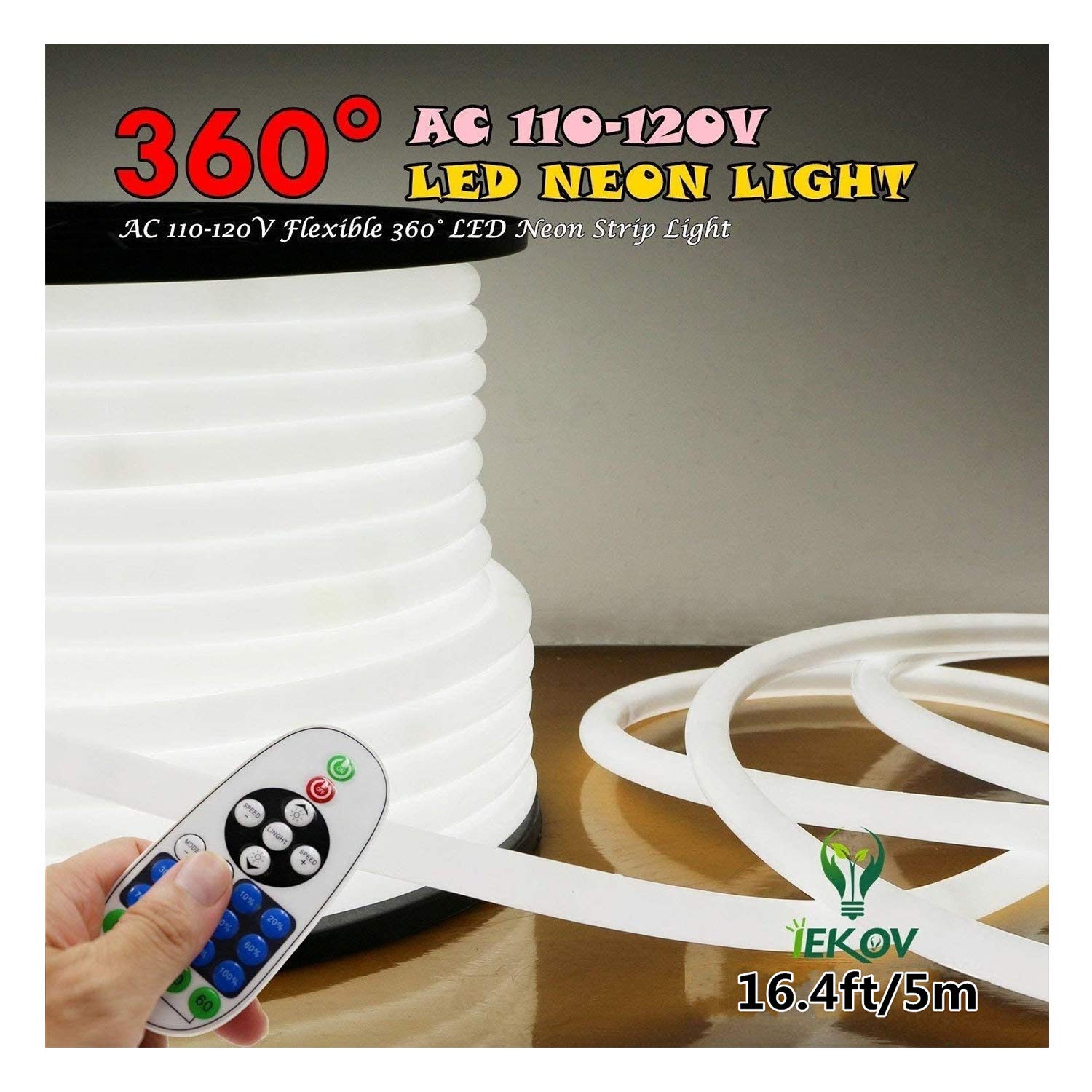 Iekov 360° Led Neon Strip Light, Dimmable & Waterproof, 5M/16.4Ft, White, Model: 110V-360-Neon-W-5