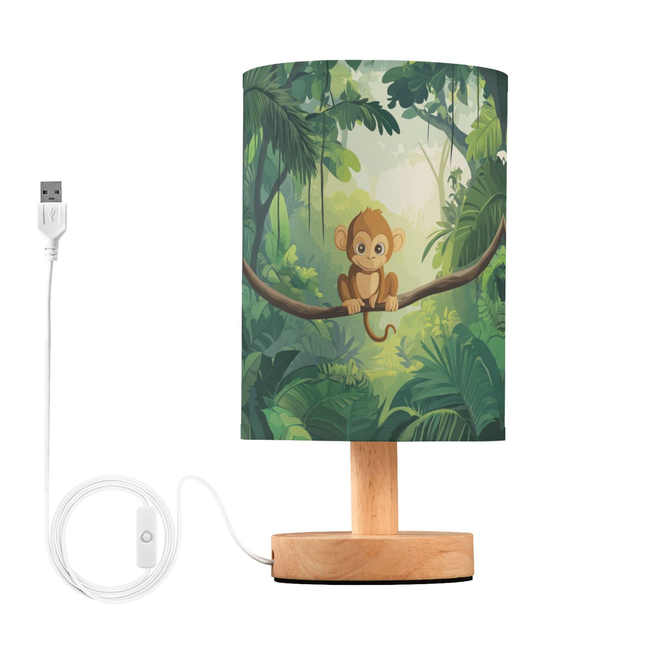 YYZZH Table Lamp Monkey Green Jungle Forest Nightstand Lamp with Wood Base Fabric Lamp Shade Bedside Desk Lamp for Living Room B