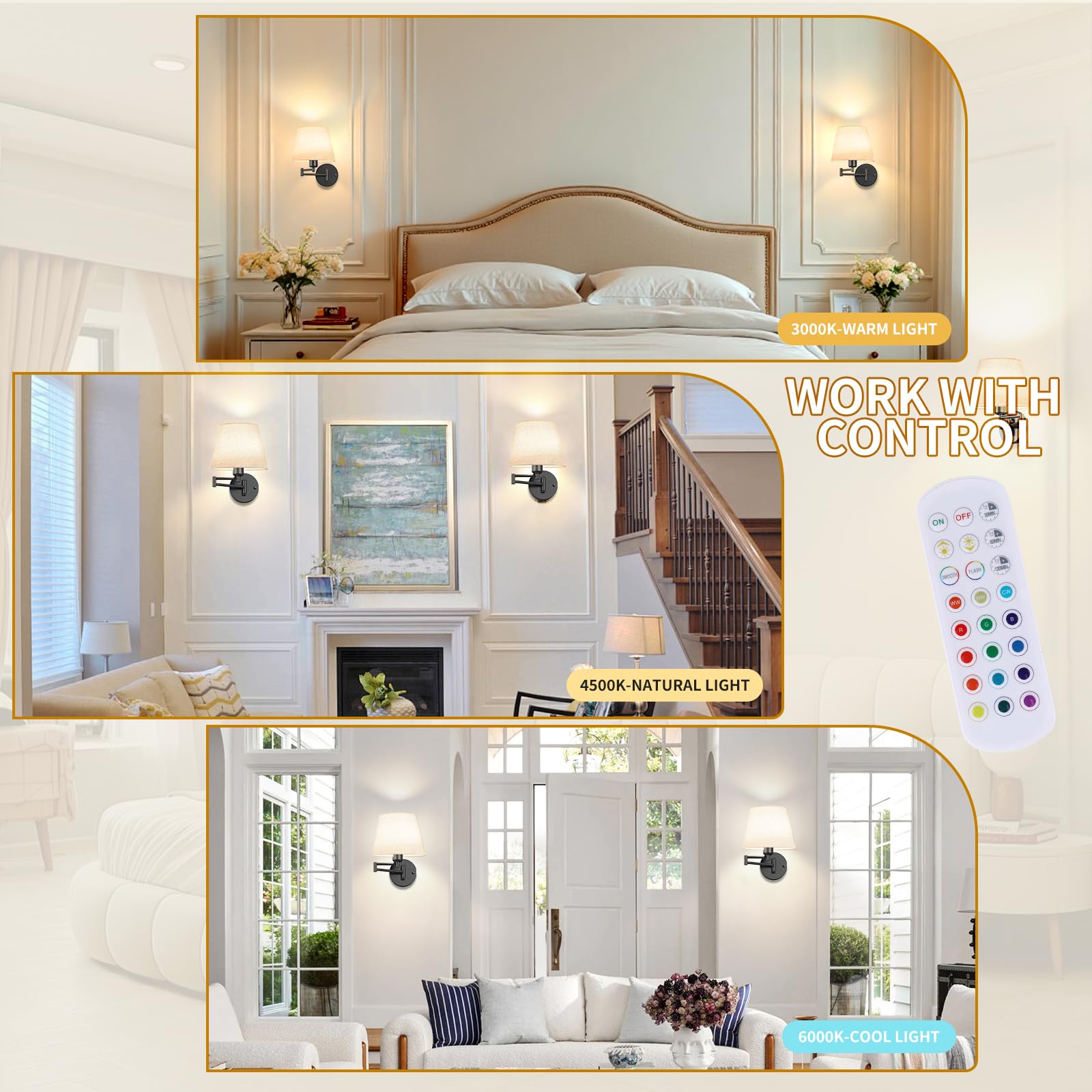Onwecen Wall Sconces Set of Two, Wireless Swing Arm Lights, 10000mAh RGB Bulb, Remote Control, Fabric Shade, Black, Model SPU19