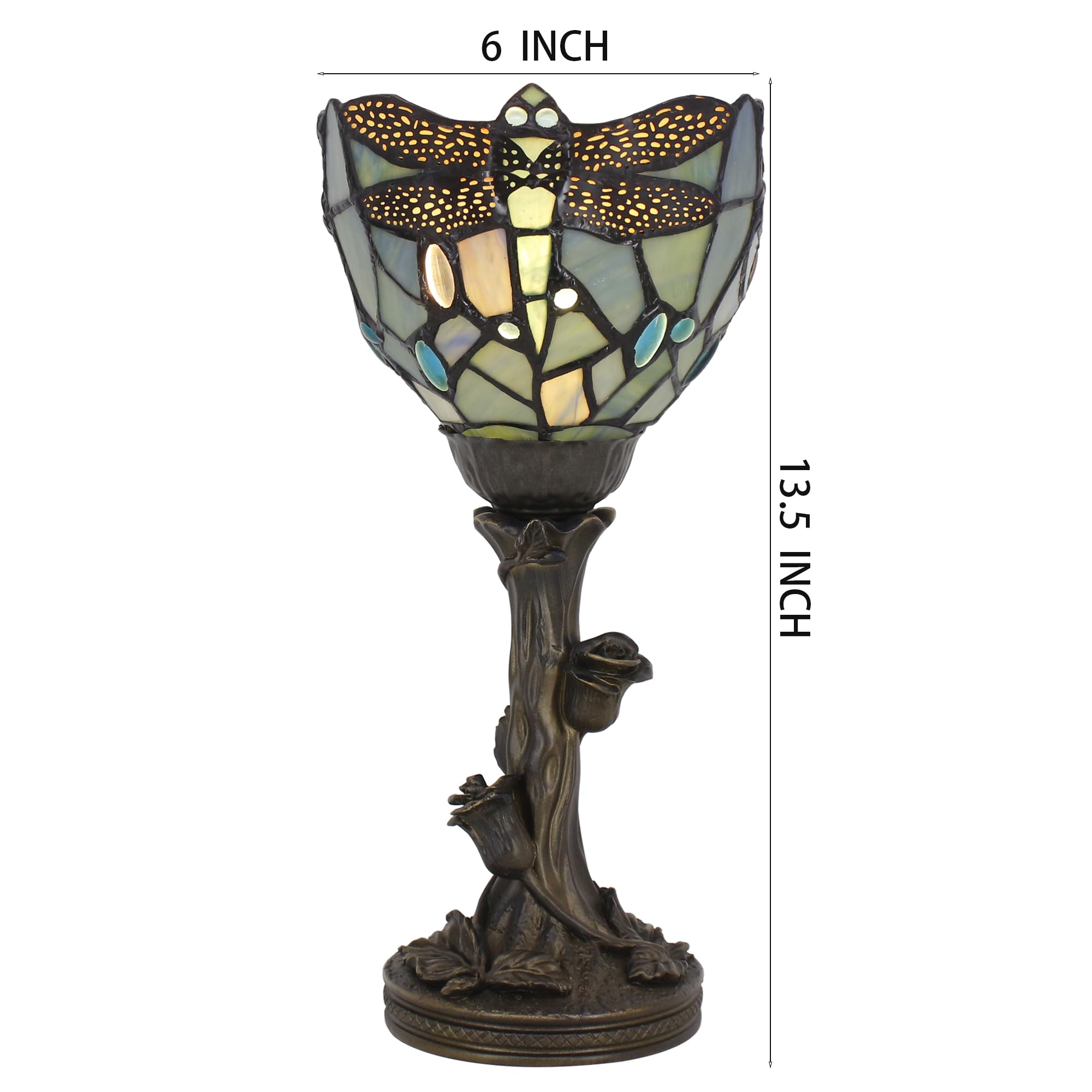 Avivadirect Small Tiffany Lamp Mini Stained Glass Table Lamp Blue Dragonfly Accent Desk Uplight W6 H13.5 Inch Bronze Resin Base