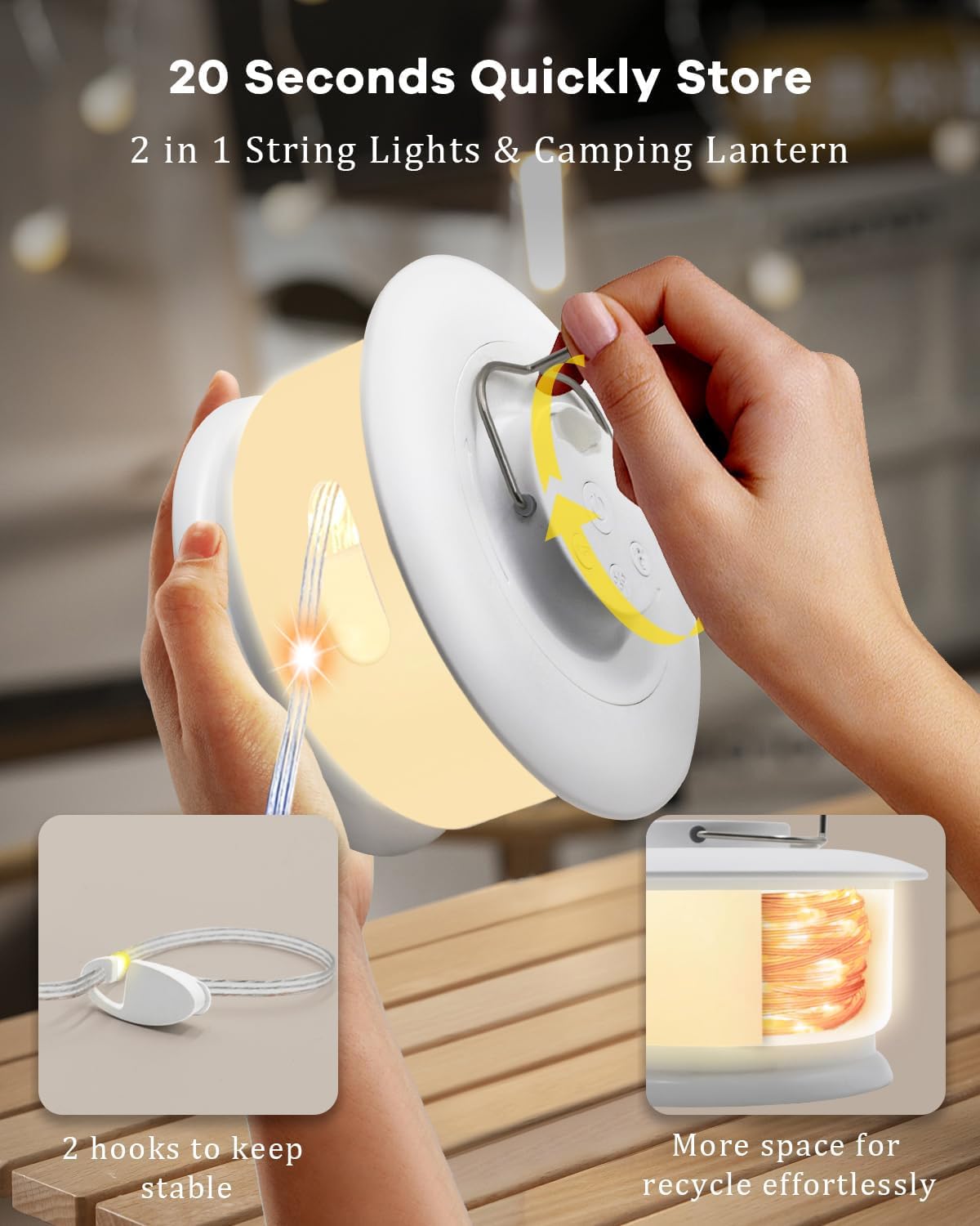 Camping String Lights Outdoor with Music Sync, Quick Storage LED String Lights with 7 RGB Colors & 12 Mode Tent Lights, Portable