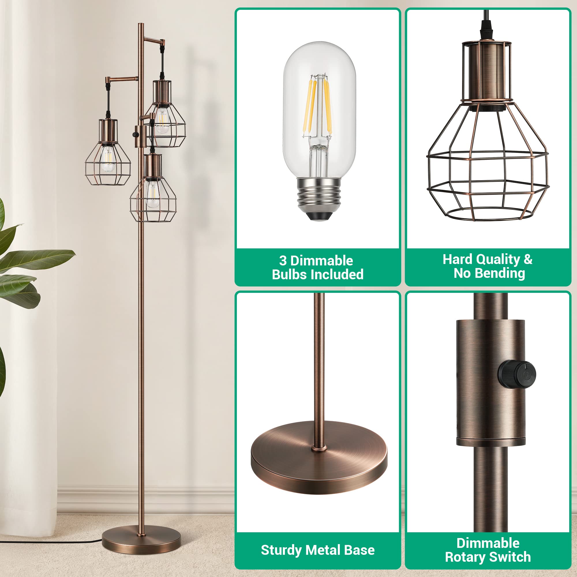 Edishine Dimmable Industrial Floor Lamp, Rustic 65In Metal Standing Light, Brown, Includes 3 Led Edison Bulbs, Perfect For Living Room/Bedroom