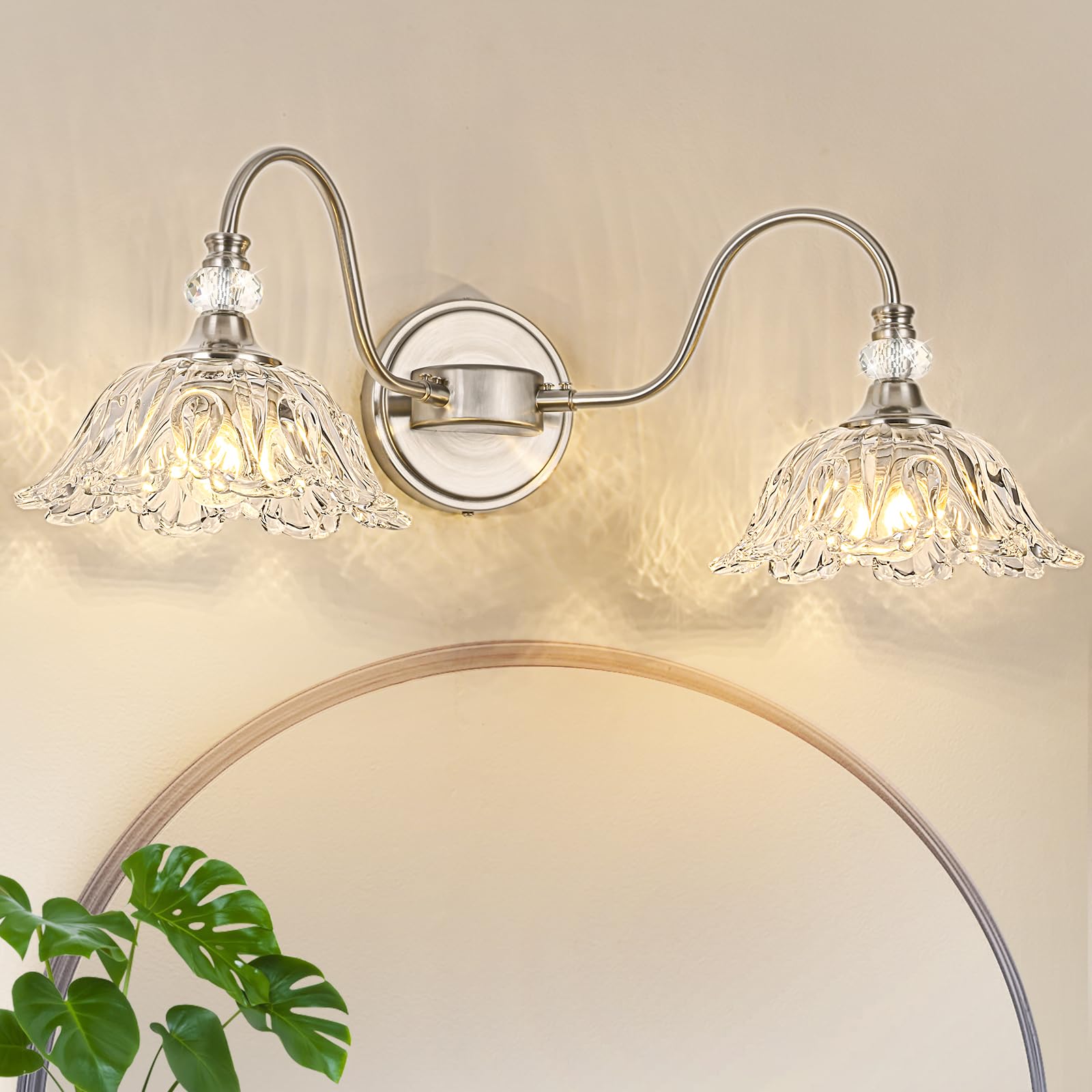 Sunkryster 2-Light Brushed Nickel Bathroom Vanity Light with Floral Glass Shades, Model Sun-104AB-2-Nickel