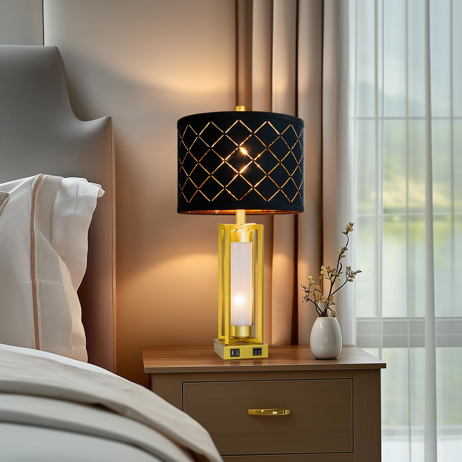 Roriano Set Of 2 Modern Table Lamps For Living Room Bedroom With Usb C+A, Rustic Nightstand Lamps With White Night Light, Black