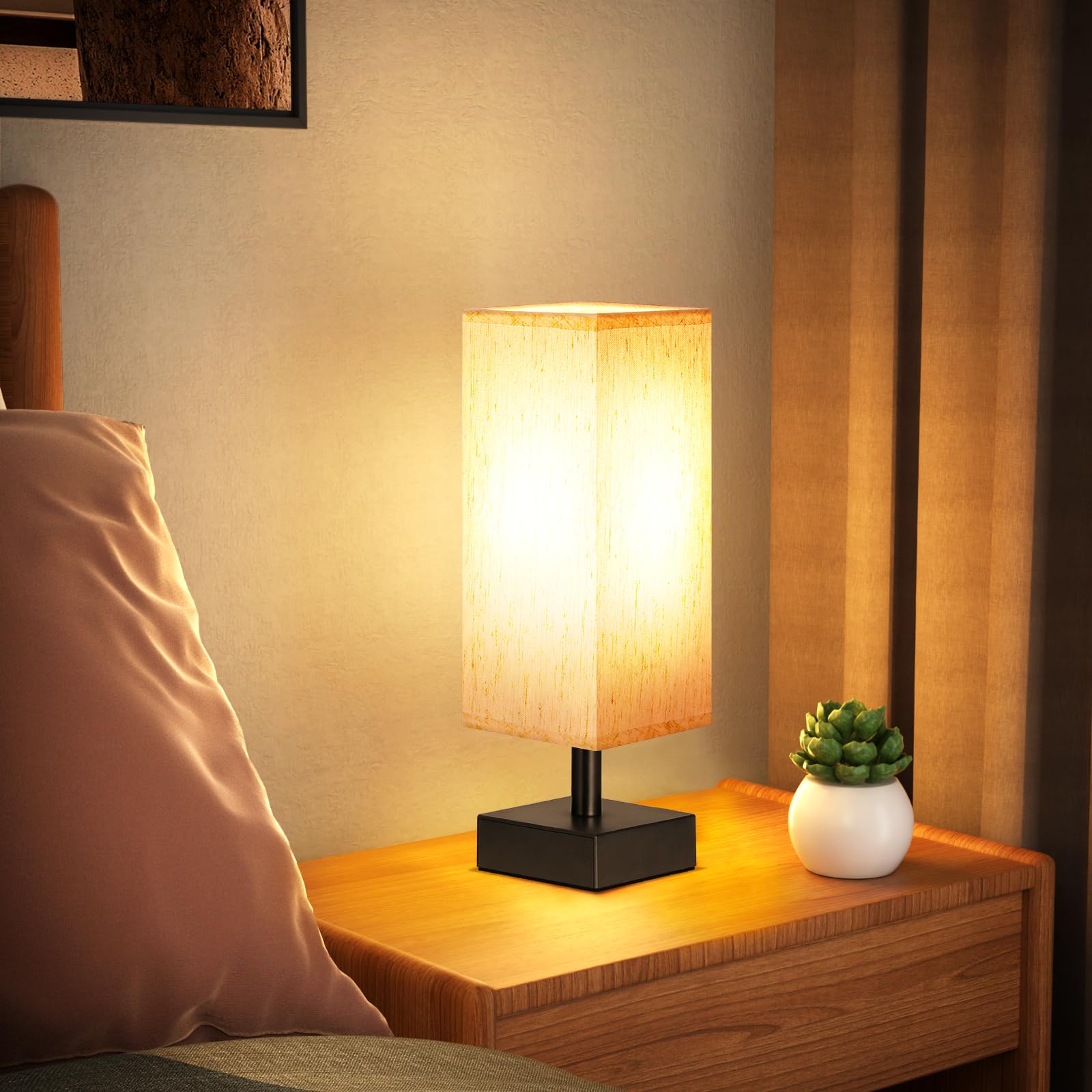 aooshine Small Table Lamp - Minimalist Cream & Black Bedside Light, 13.2in Square Fabric Shade, Model TLASE01M