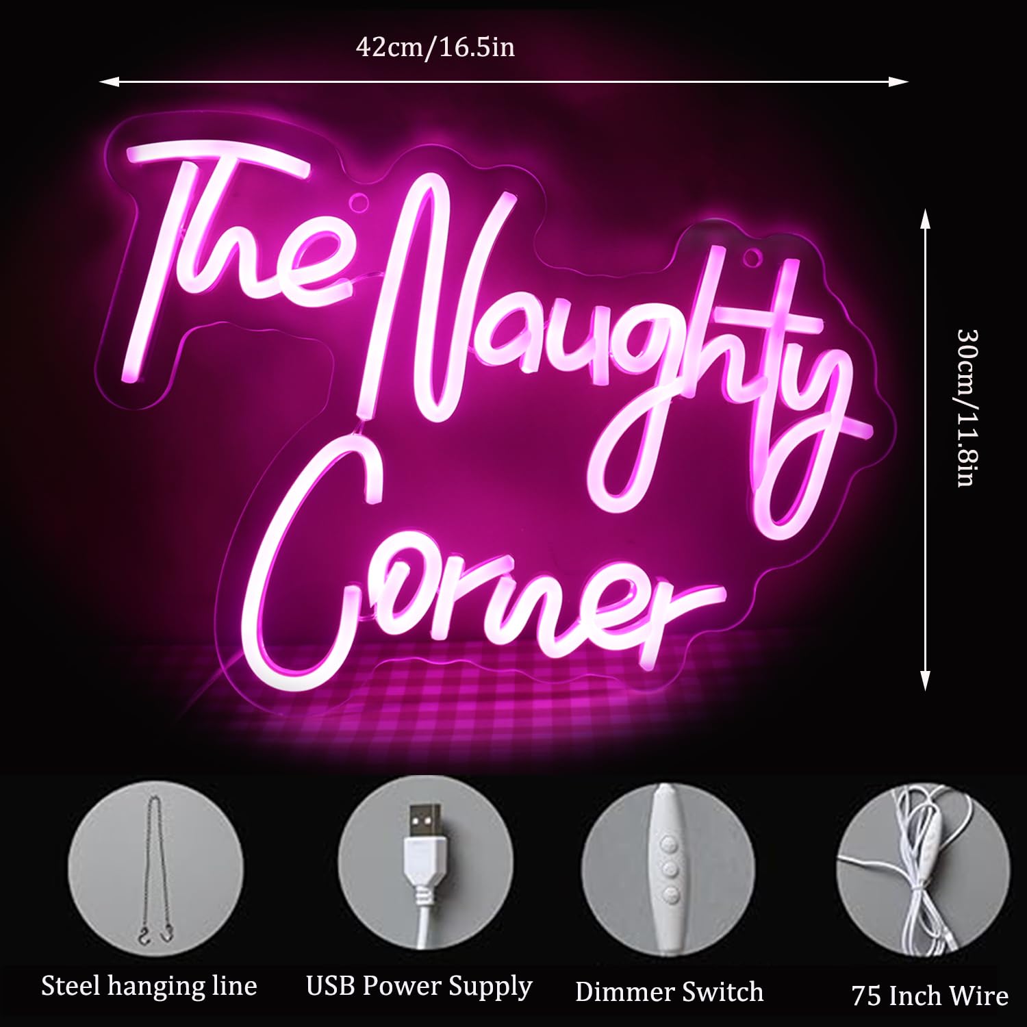 QiaoFei LED Neon Sign - "The Naughty Corner" Pink USB Powered Wall Decor for Girls Room, Home Bar, Party - Model QFLGT230310005