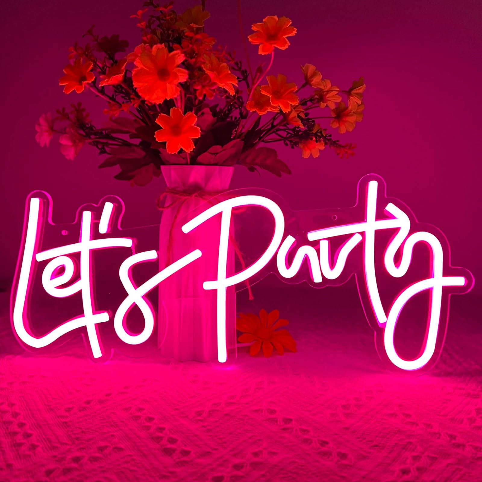 BerniceKelly LED Neon Sign, Lets Party Wall Decor, Pink, Model SJ-89, Acrylic, Glass, Metal, Crystal, for Bedroom and Party Decor