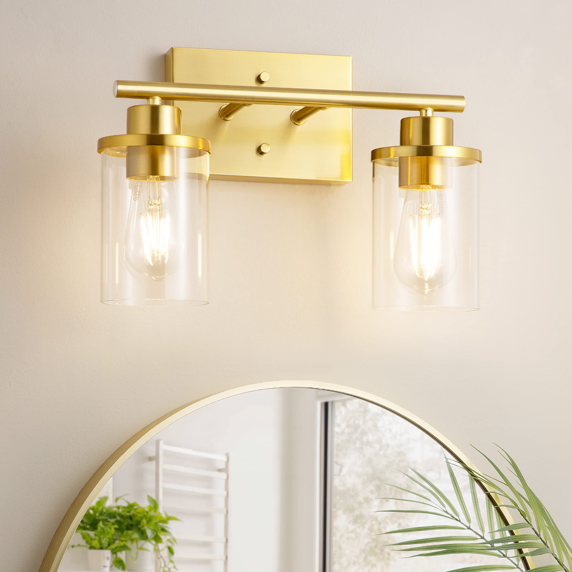 EDISHINE Bathroom Light Fixtures, 2-Light Gold Bathroom Vanity Light, Modern Wall Sconces with Clear Glass Shades for Bathroom, 