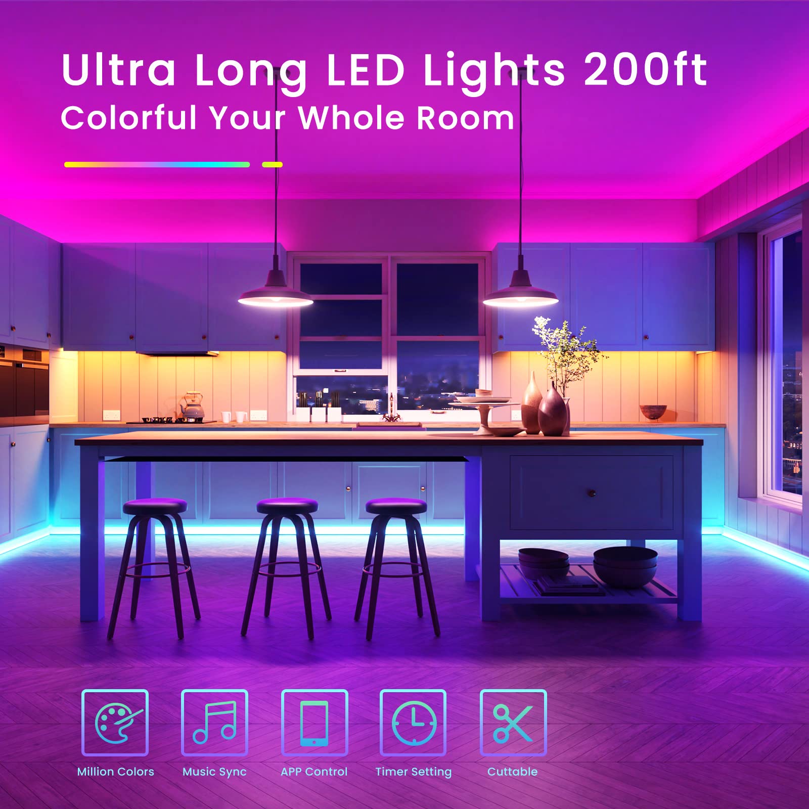200Ft Bluetooth Led Strip Lights, Smd5050 Music Sync Led Lights Strip, Rgb Color Changing Led Lights With Remote,Smart Phone App