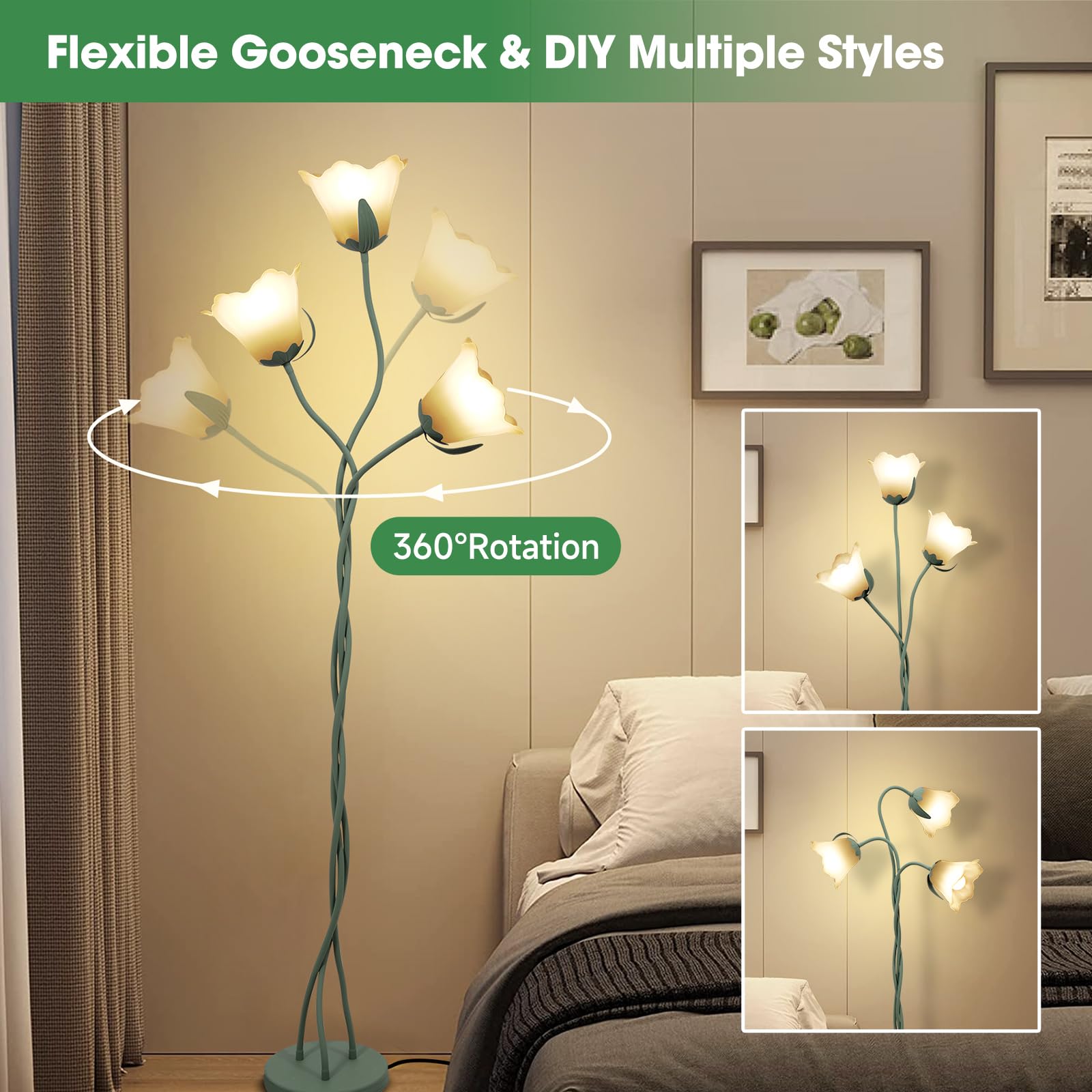 Hunhun Dimmable Flower Floor Lamp For Bedroom Room, 3-Color Temperatures Tall Floor Reading Lamp With Diy Flexible Neck Shaft, R