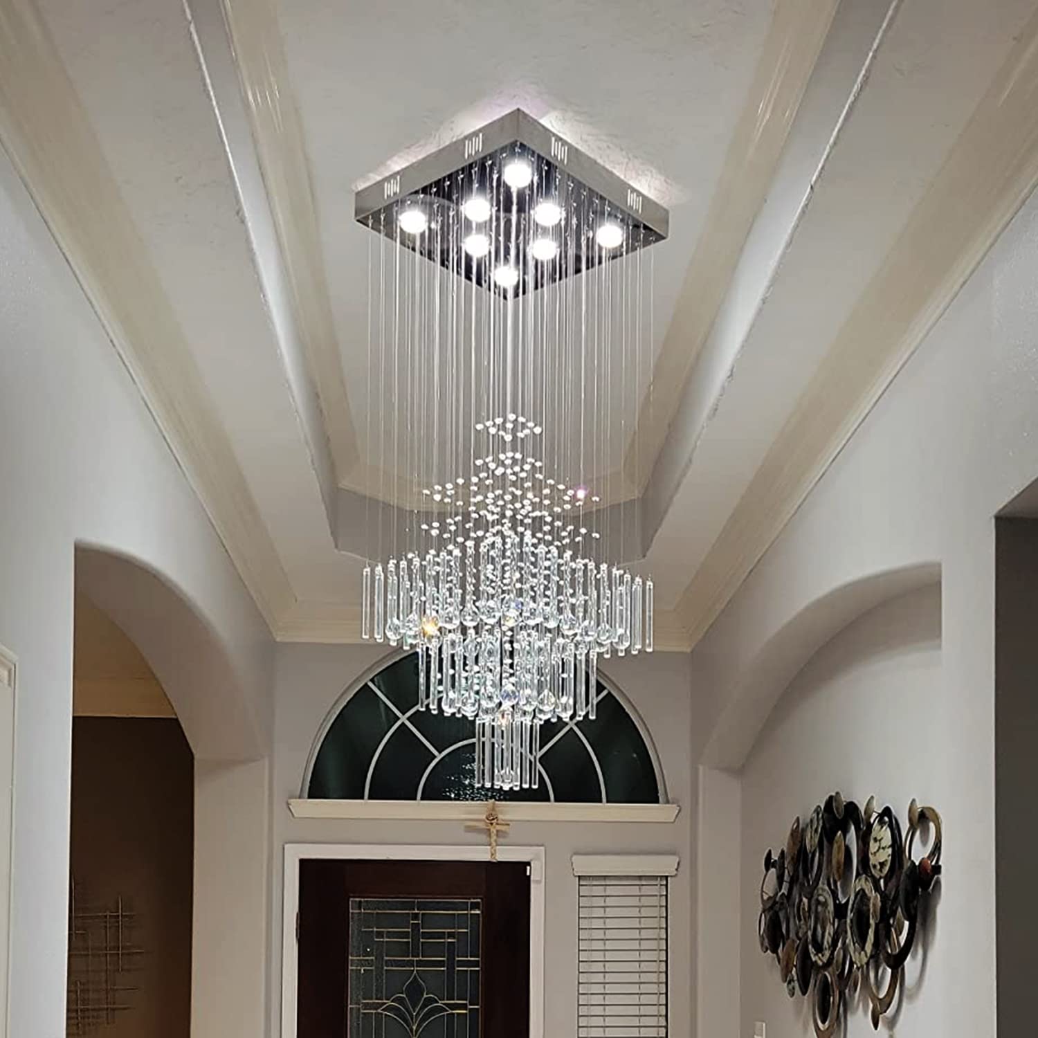 Modern 8 Lights Square Chandelier Light, Luxury 3-Tier Crystal Raindrop Chandeliers Flush Mount Ceiling Light Pendant for Foyer,