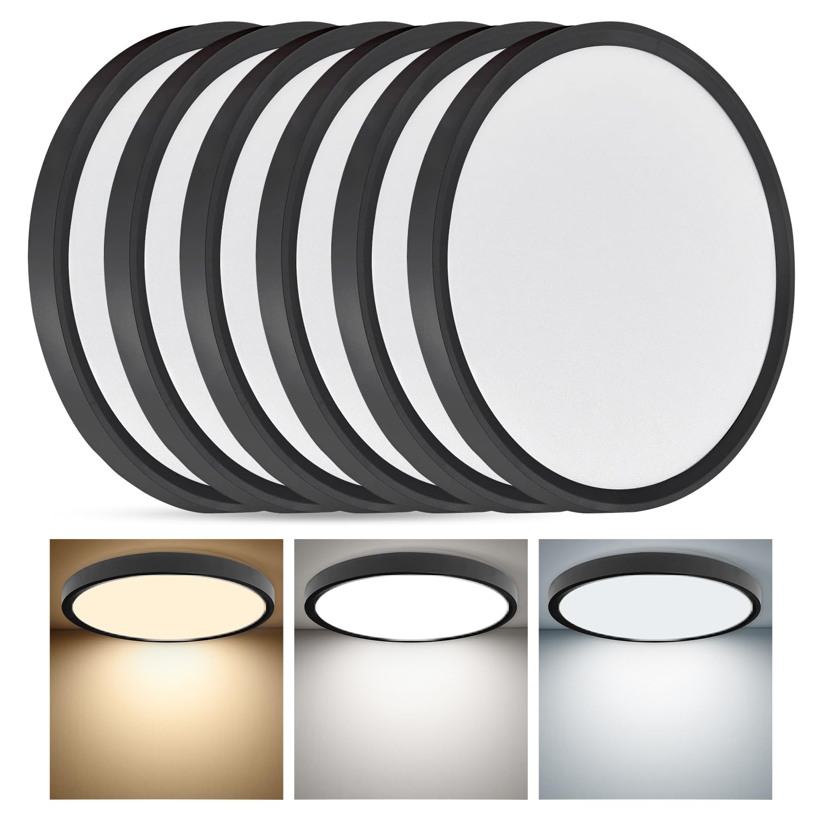 6Pk 12 Inch Led Flush Mount Ceiling Light,24W, 2520Lm, 3000K/4000K/6000K Cct Selectable,0.9Inch Super Slim Led Ceiling Light, Low Profile Round Flat Panel Light For Bedroom,Kitchen,Hallway(Black)