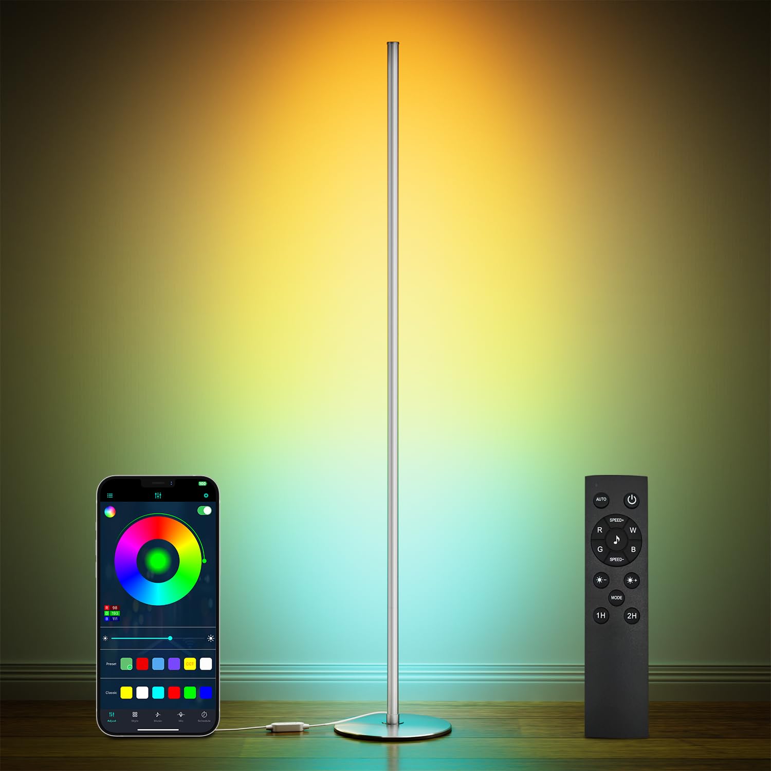 luckystyle Smart RGB Corner Floor Lamp - LED Ambient Lighting, Music Mode, Silver, Model HX-818A