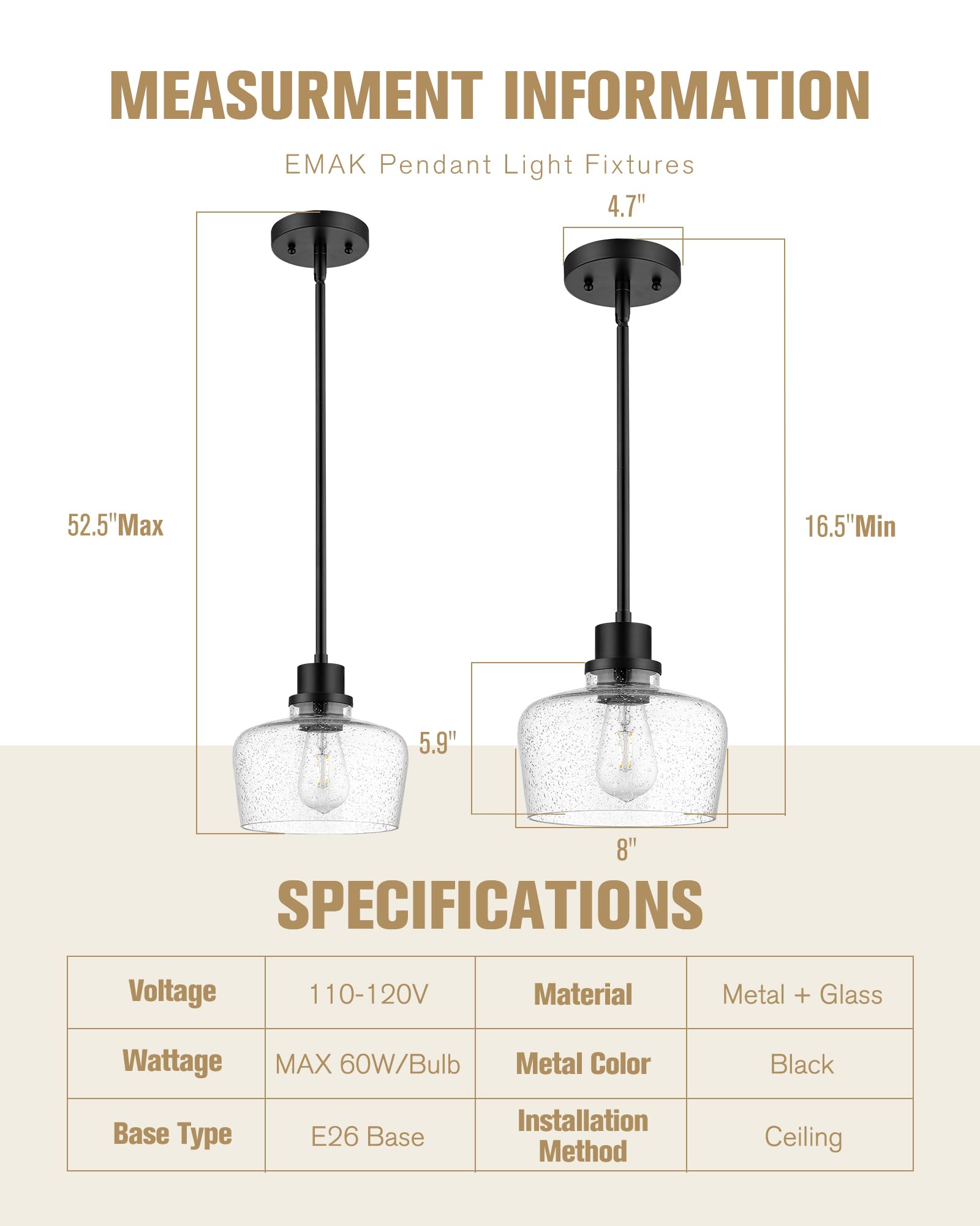 Emak 2 Pack Pendant Lights Kitchen Island, 8 Inch Black Pendant Light With Seeded Glass Shade, Modern Farmhouse Hanging Light Fi