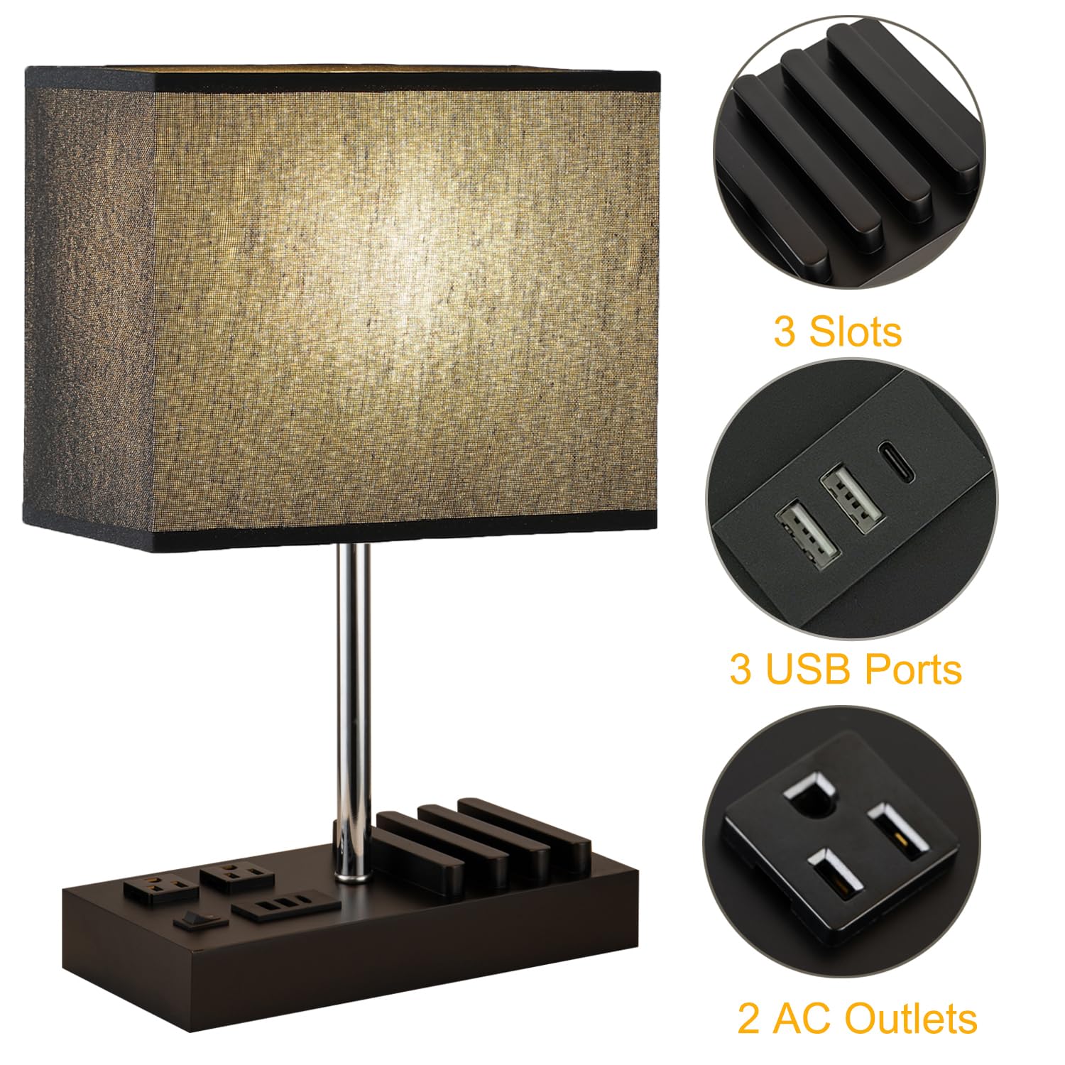 Briever Usb Table Lamp, Multi-Functional Bedside Desk Lamp With 2 Ac Outlets, 3 Usb Charging Ports And Wooden Phone Stand Organi