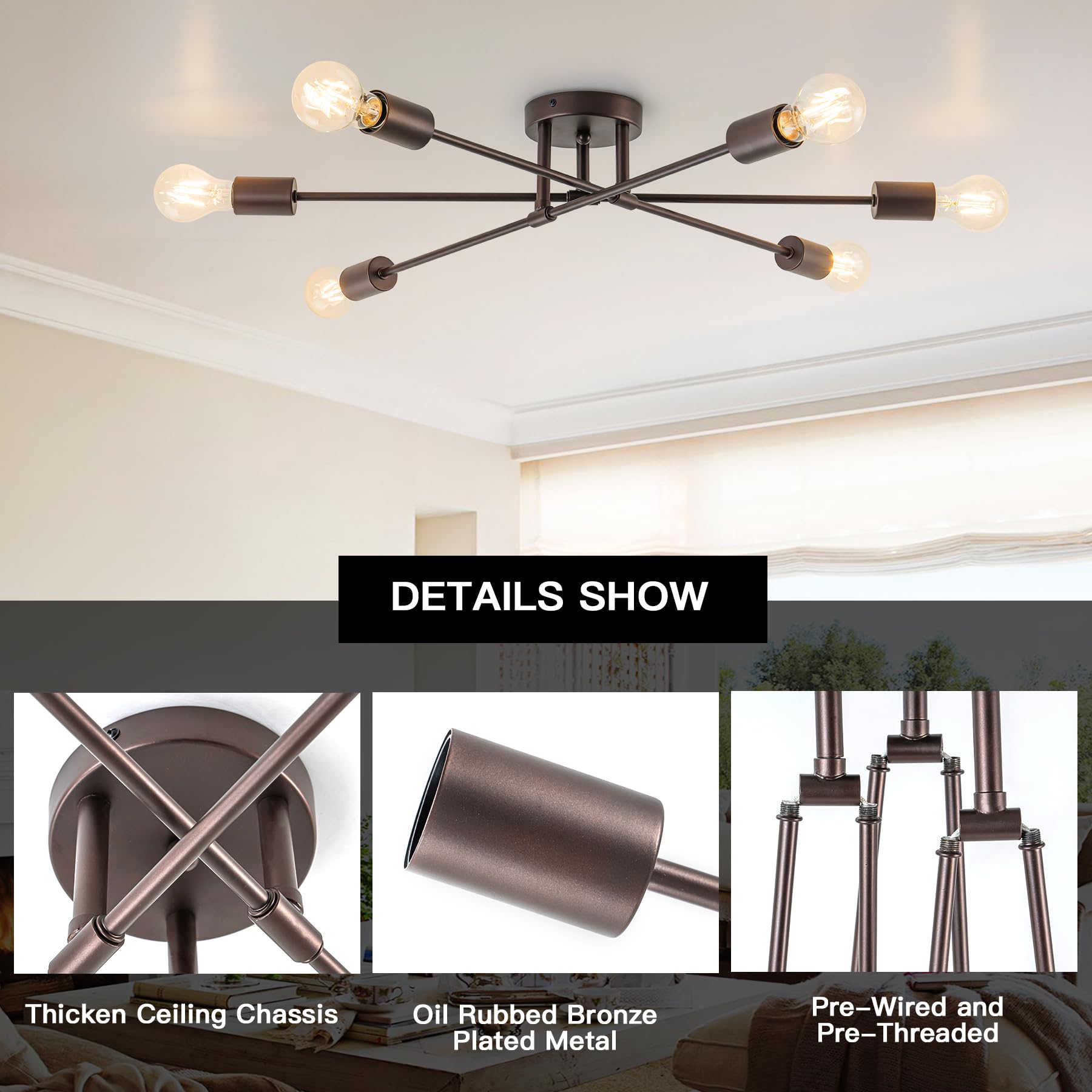 Brknit 6-Light Sputnik Chandeliers, Oil Rubbed Bronze Modern Semi Flush Mount Ceiling Light With E26 Base, Mid Century Industria