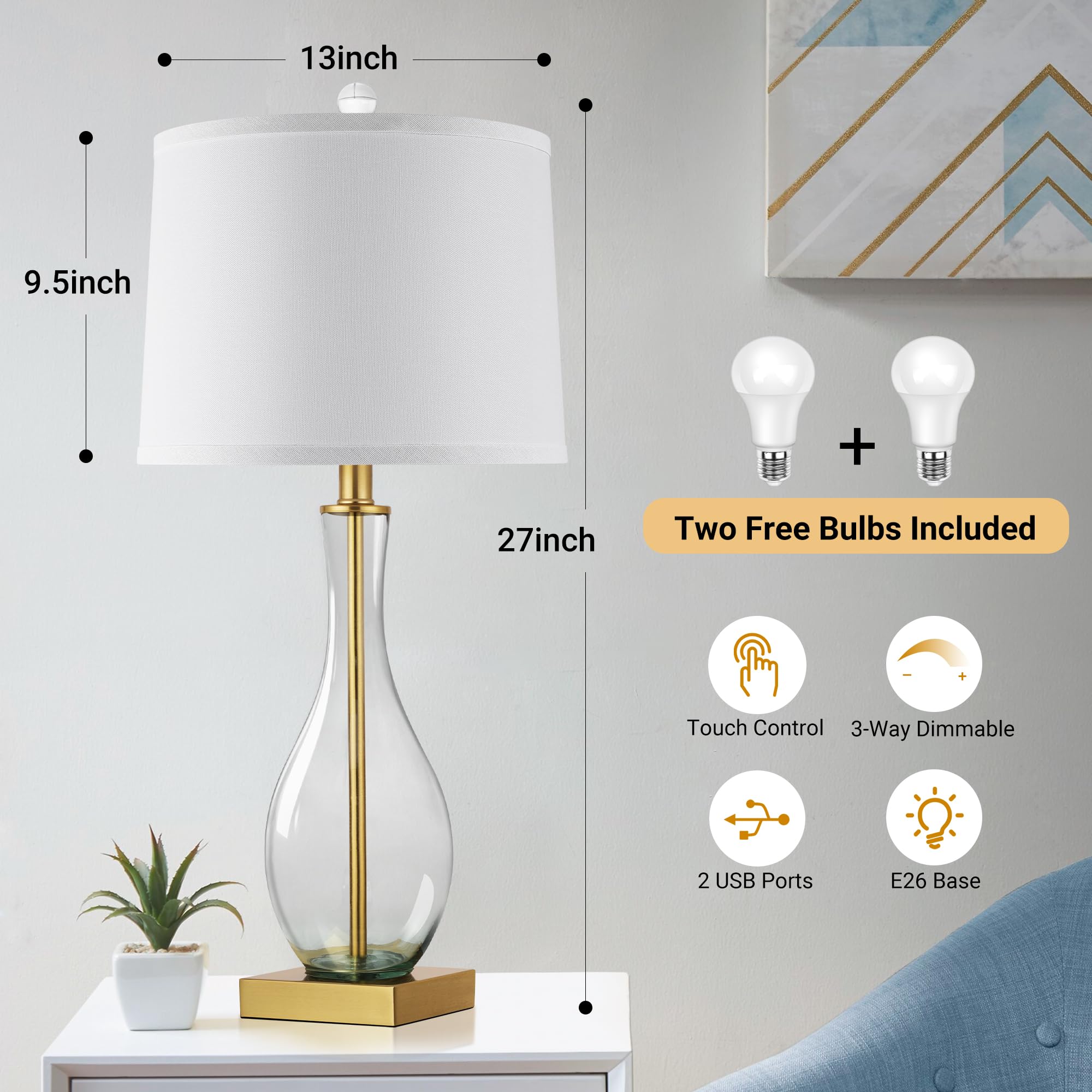 WIHTU Table Lamps Set of 2, Touch Control, 27in Glass Bedside Lamps, 3-Way Dimmable, USB C/A Charging, Gold, Model WTLP357AJ