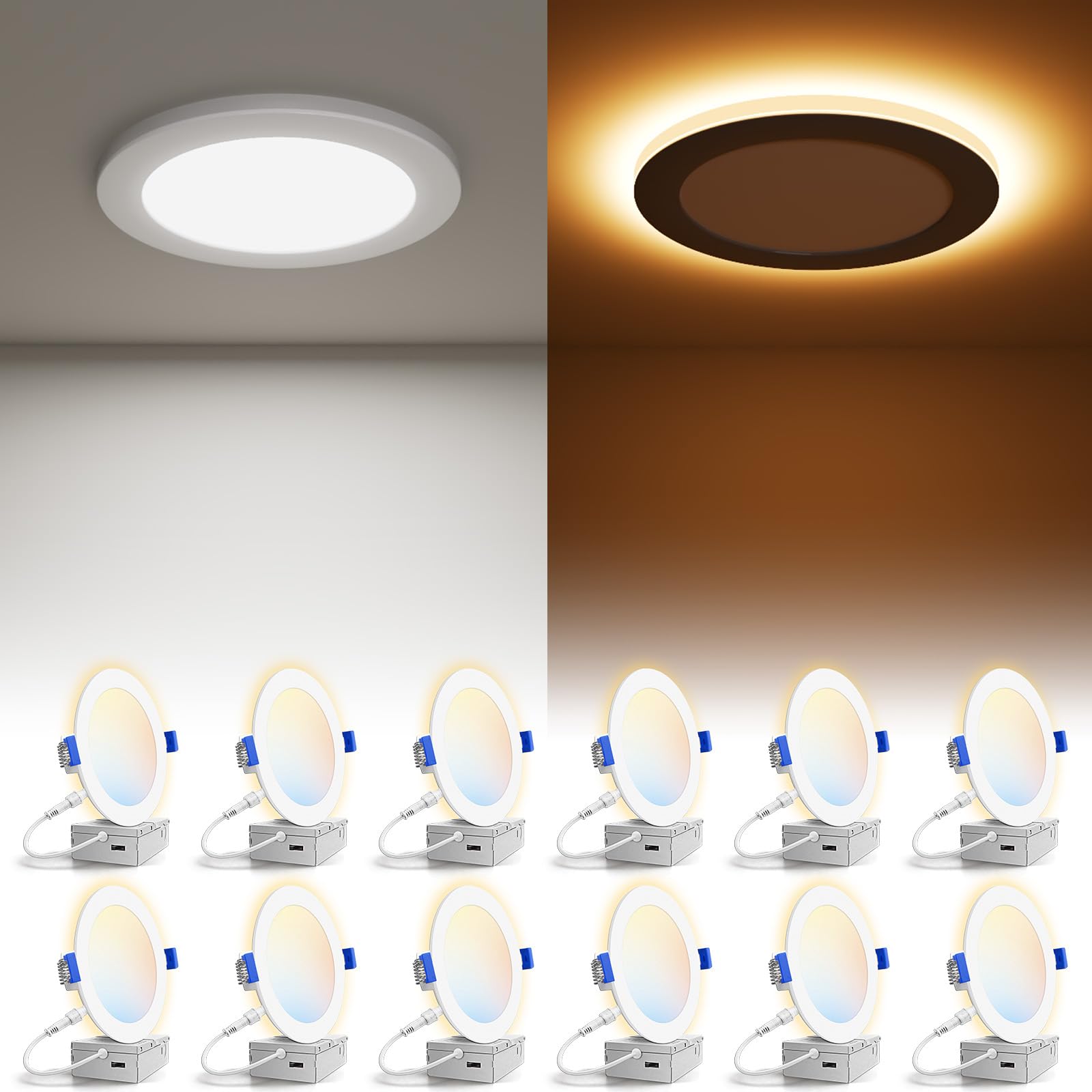 VOLISUN 12 Pack 6 Inch 5CCT Recessed Light with Night Light,Canless LED Recessed Lighting 6 inch,2700K-5000K Selectable,12W=130W