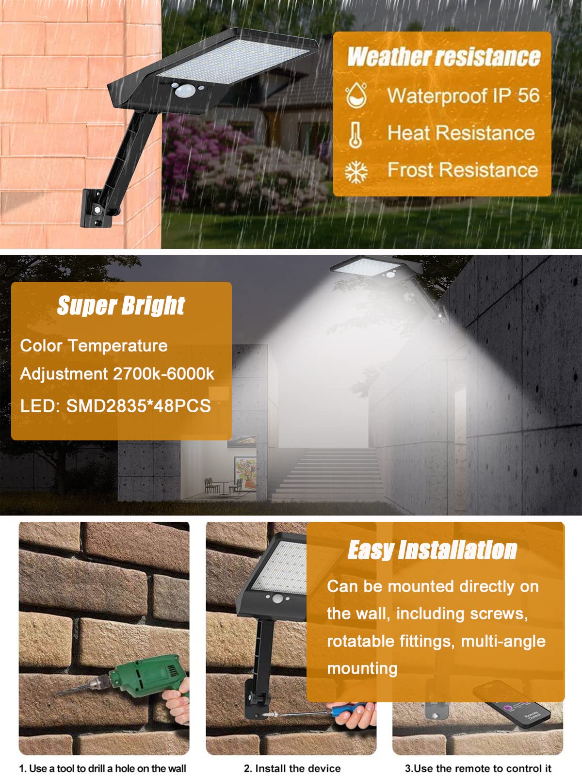 Adowan Led Solar Outdoor Lights, Motion Sensor, 3 Modes, Waterproof, 2 Pack - Security Flood Lights