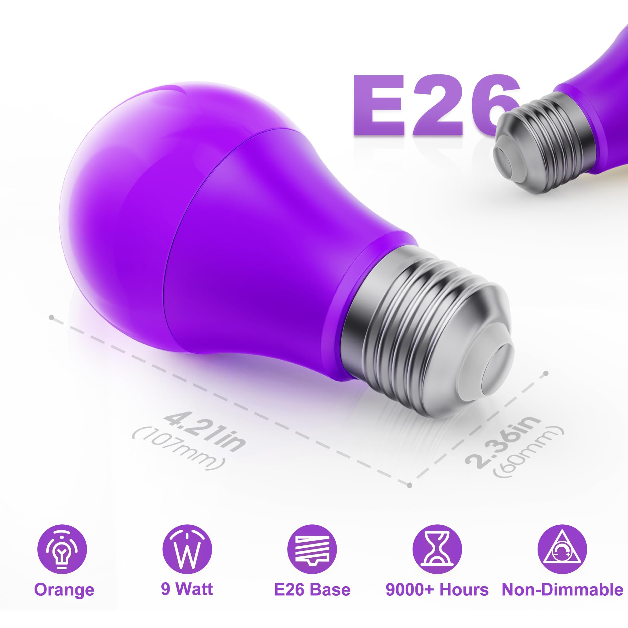 Briignite Purple Light Bulbs [2 Pack], A19 Led Purple Bulb Outdoor, Halloween Light Bulbs, 9W (60 Watt Equivalent) - E26 Porch L
