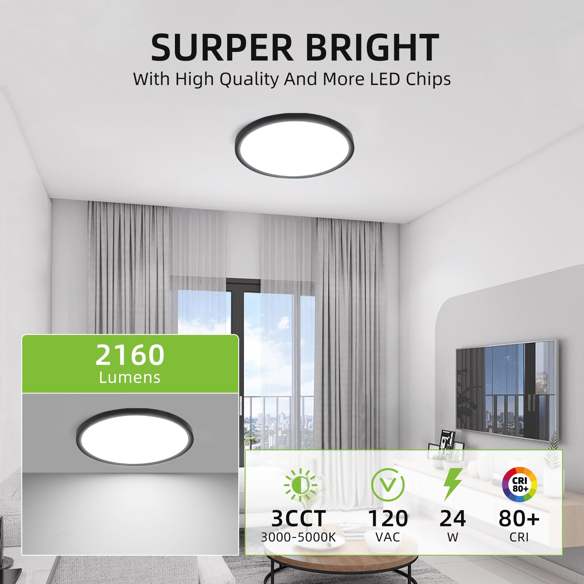 hykolity LED Round Flat Panel Light 12 Inch 24W Selectable CCT 3000K/4000K/5000K Black Model DYXDD300-S24W-