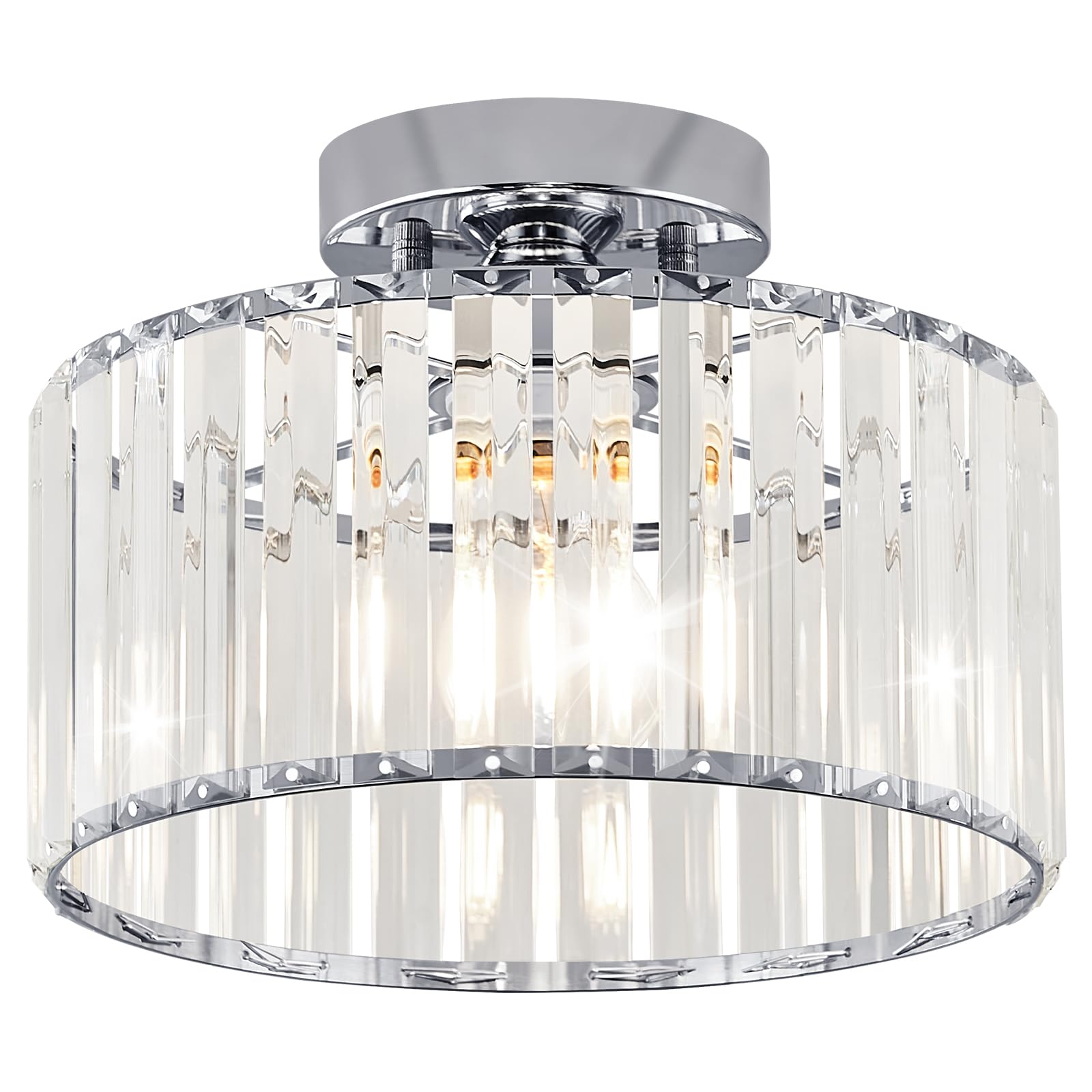 Pevfah Crystal Chrome Ceiling Light, Modern Semi Flush Mount Ceiling Lighting Fixture, Round Hallway Ceiling Lights for Bathroom