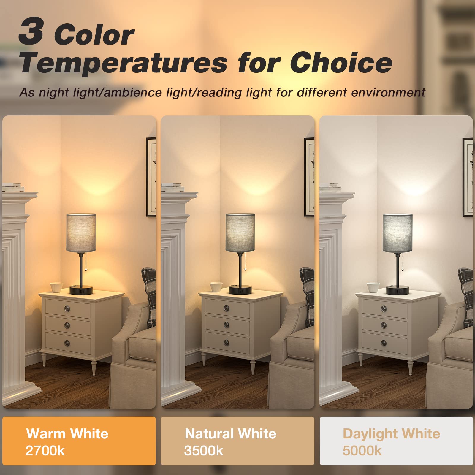 Dicoool Black Bedroom Lamps 3 Color Temperatures - 2700K 3500K 5000K Small Bedside Lamps With Usb C And A Ports, Pull Chain Tabl