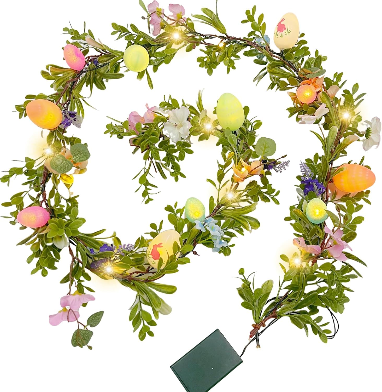 Gudegou 6FT Easter Garland for Mantle, Spring Garland with Eggs Flowers, Lighted Faux Greenery with Timer for Summer Fireplace O