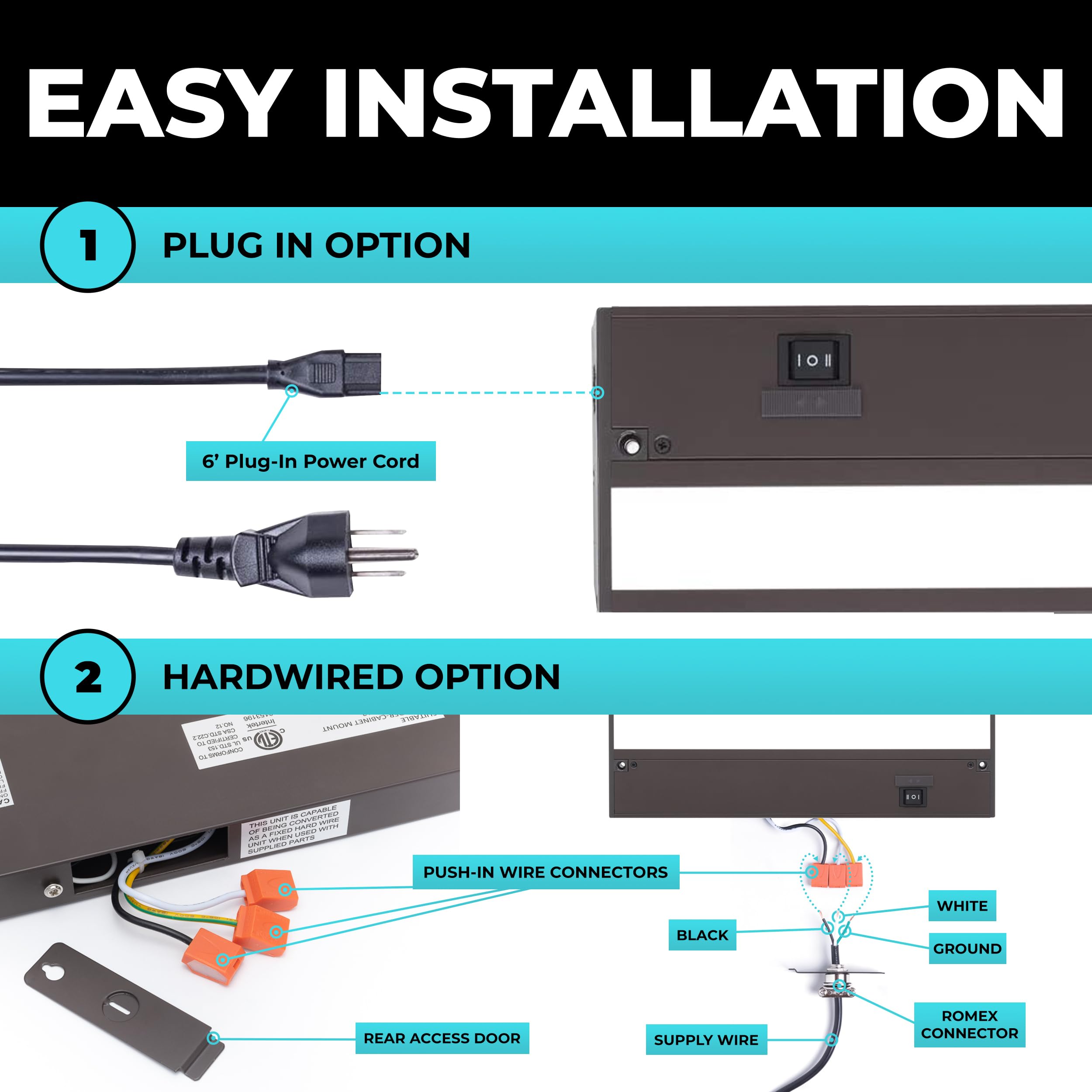 Led Under Cabinet Lighting Hardwired - Linkable Undercabinet Lights For Kitchen - 3Cct 18 Inch Bronze Finish - Undercounter Dimmable Plug In Light Or Hard Wired - Under Counter Fixture Direct Wire