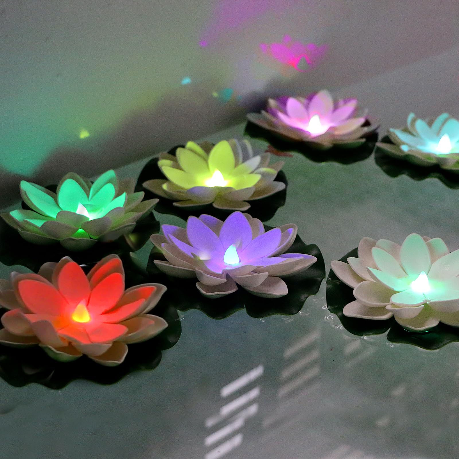 Lacgo 12 Pcs Floating Lotus Lights - Artificial Led Lotus Waterproof Battery Operated Water Activated Color Changing Fake Lily Pad Lights For Pool Pond Lantern Garden Outdoor Decor